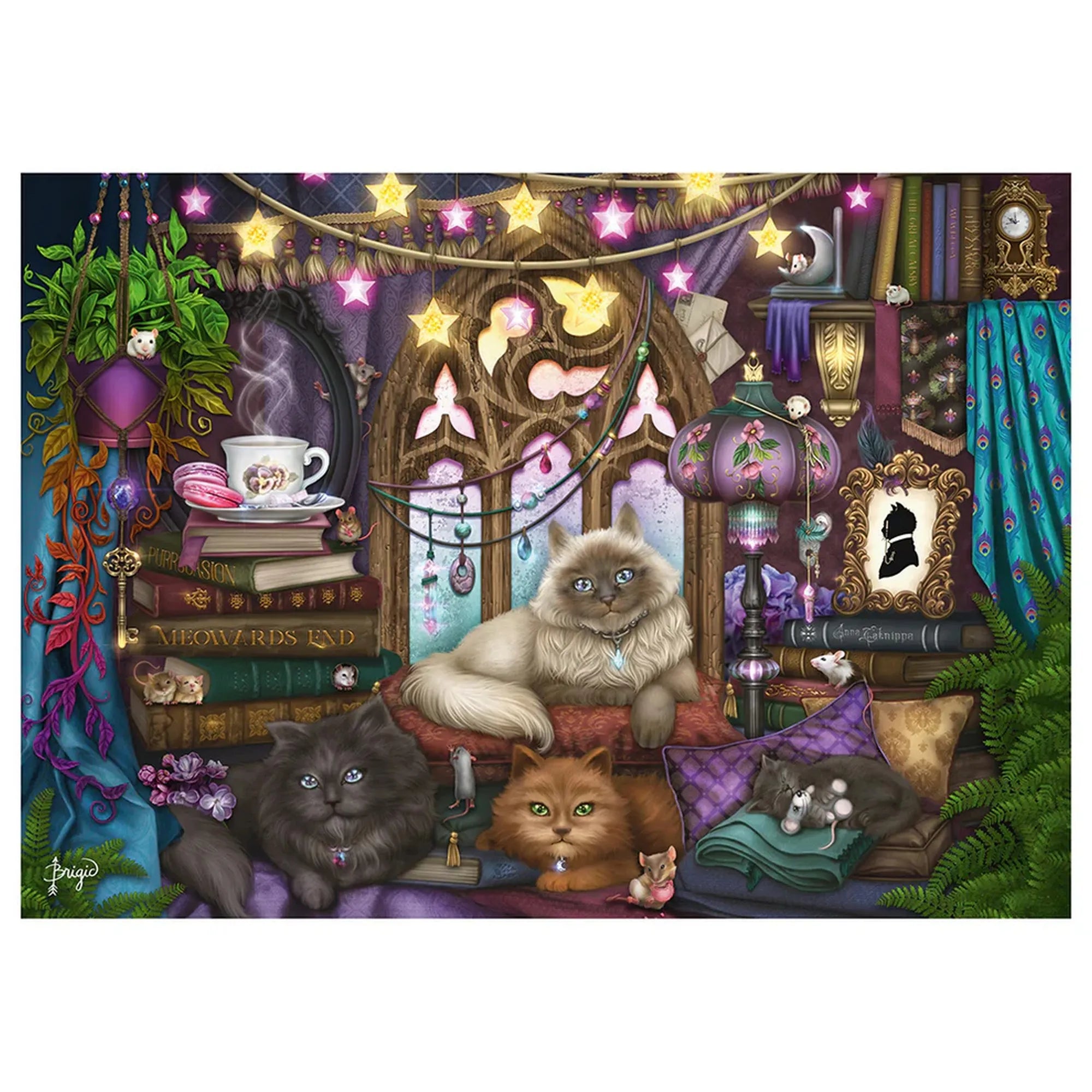 Brigid Ashwood részletgazdag illusztrációja macskákkal egy hangulatos, fényekkel díszített kanapés szobában – Schmidt 1000 darabos puzzle képe.