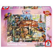  Puzzle Schmidt: Charles Wysocki, Remington the Horticulturist – 1000 darabos prémium minőségű kirakó doboza, amely egy nosztalgikus kertészműhelyt ábrázol, középpontban egy szundikáló vörös macskával.