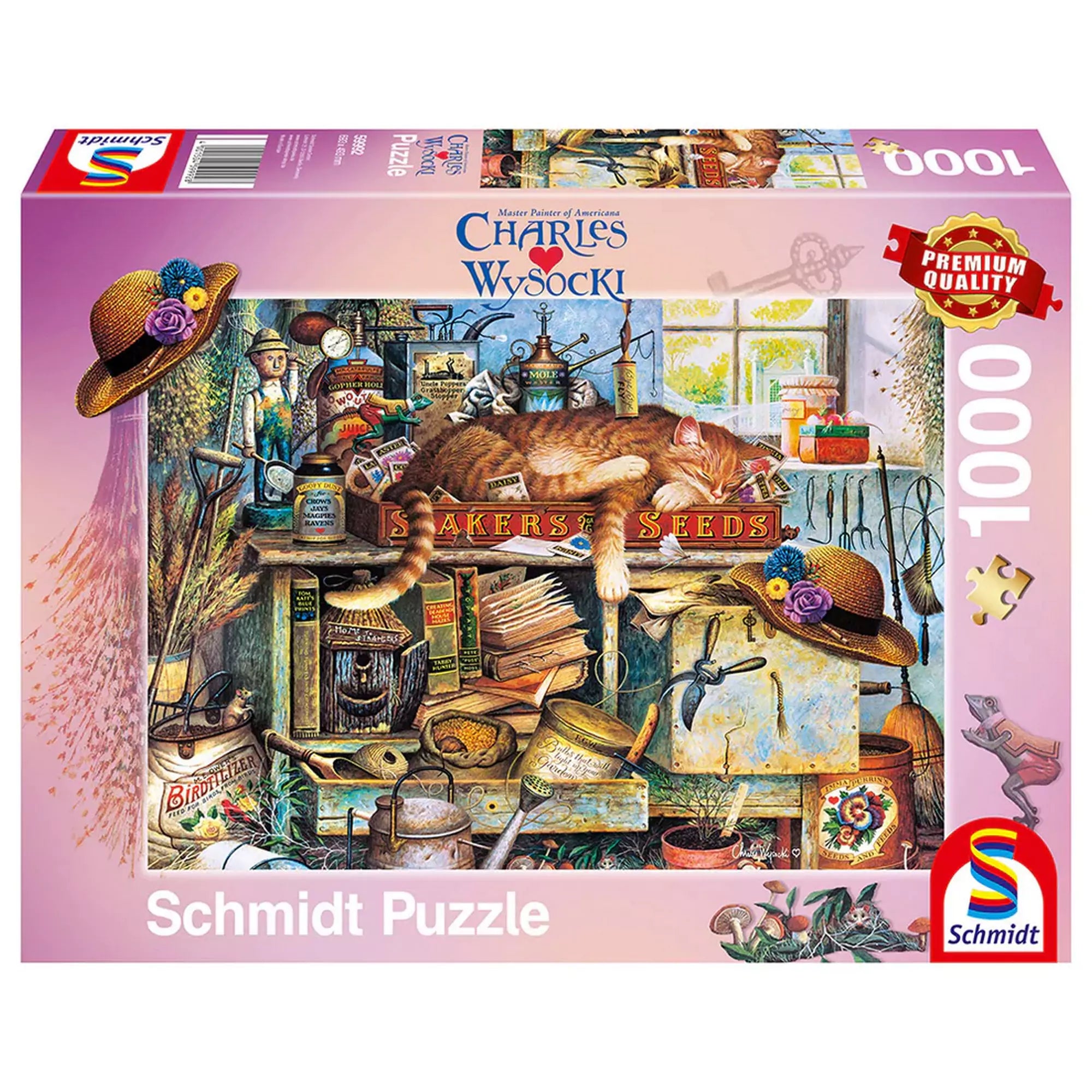  Puzzle Schmidt: Charles Wysocki, Remington the Horticulturist – 1000 darabos prémium minőségű kirakó doboza, amely egy nosztalgikus kertészműhelyt ábrázol, középpontban egy szundikáló vörös macskával.