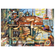 Puzzle Schmidt: Charles Wysocki, Remington the Horticulturist – részletgazdag festmény egy vidéki kertészműhely belsejéről, tele kerti eszközökkel, könyvekkel és egy lustán heverő vörös macskával a magokkal teli dobozon.