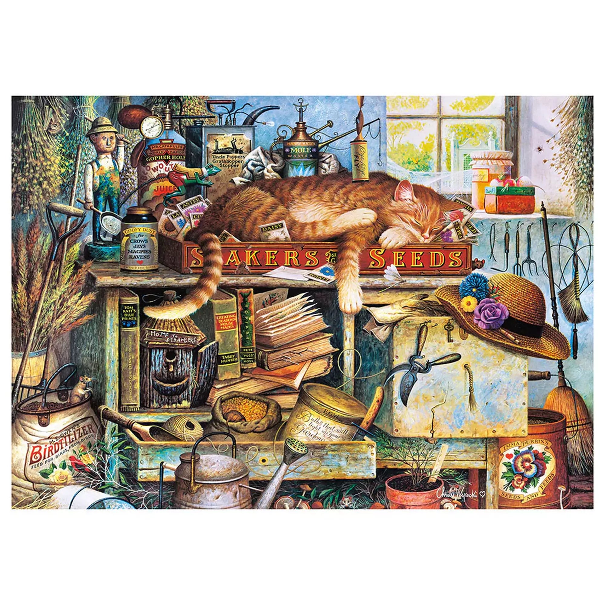 Puzzle Schmidt: Charles Wysocki, Remington the Horticulturist – részletgazdag festmény egy vidéki kertészműhely belsejéről, tele kerti eszközökkel, könyvekkel és egy lustán heverő vörös macskával a magokkal teli dobozon.
