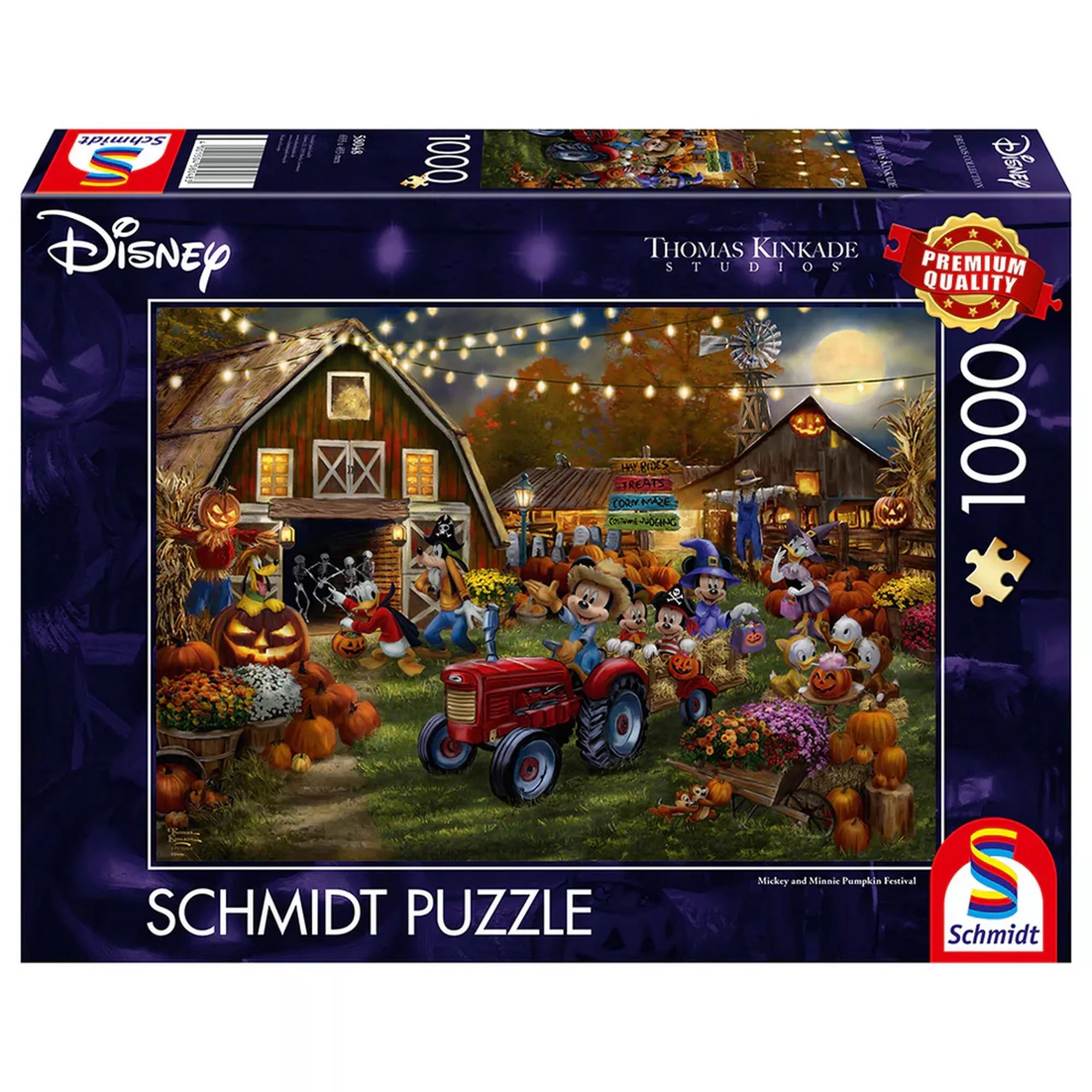 Disney Schmidt Puzzle 1000 darabos kirakó doboza, Mickey és Minnie Halloween tökfesztivál jelenettel, farmhangulattal, őszi dekorációkkal és Disney szereplőkkel