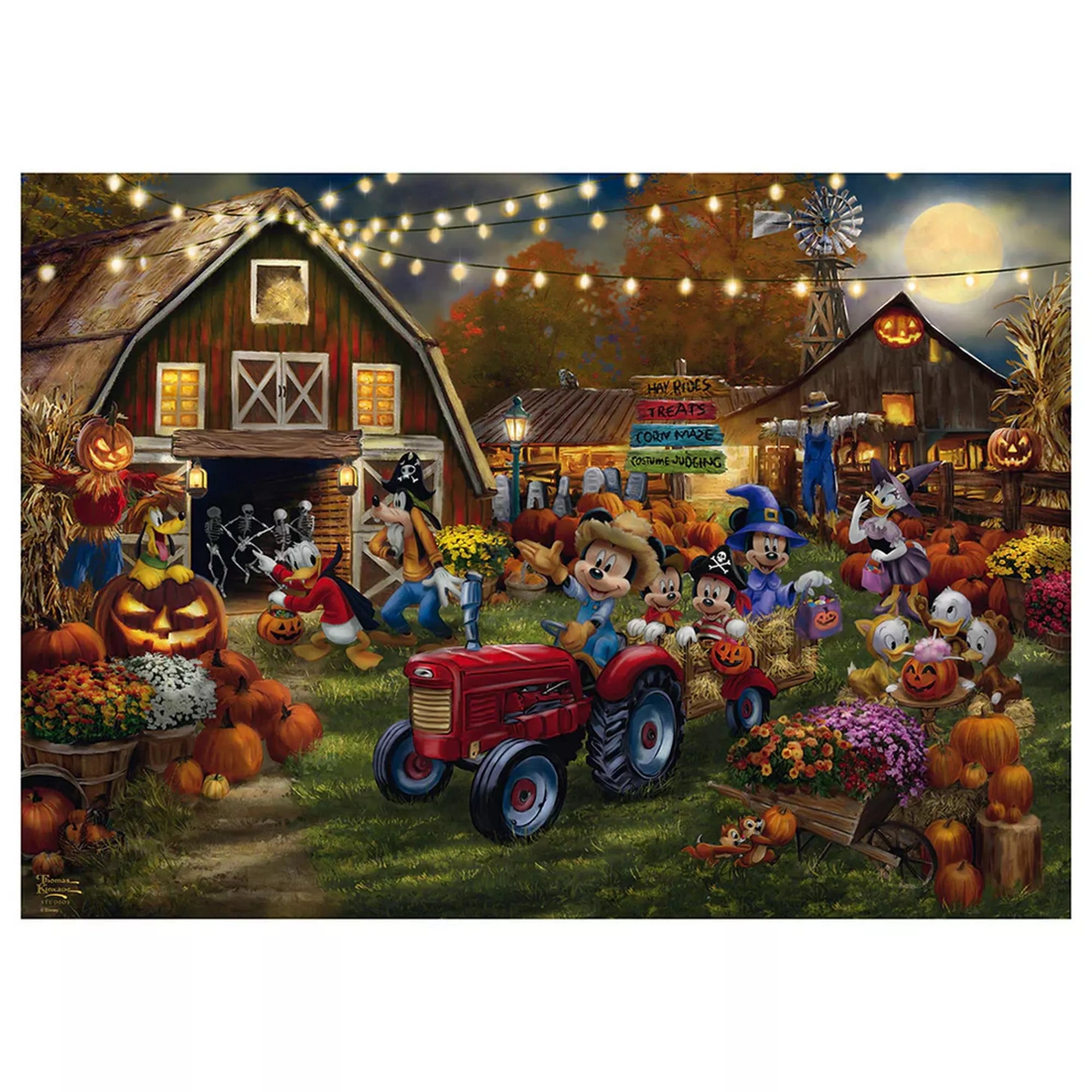 Disney Thomas Kinkade stílusú 1000 darabos puzzle kirakott képe, Mickey és Minnie Halloween tökfesztiválon, farmudvaron, töklámpásokkal és őszi esti hangulattal