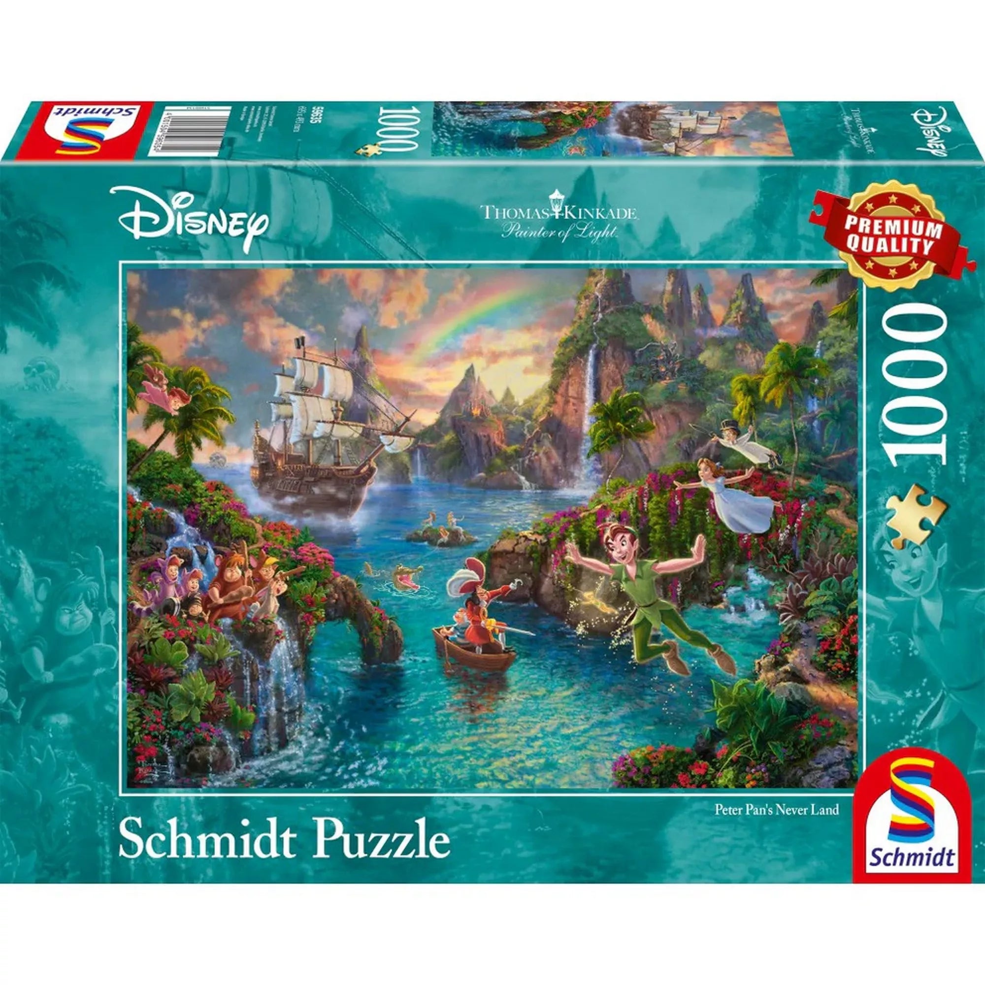 „Puzzle Schmidt: Thomas Kinkade – Disney – Peter Pan 1000 darabos puzzle doboza, Sohaország színes jelenetével és Peter Pan repülő alakjával.”