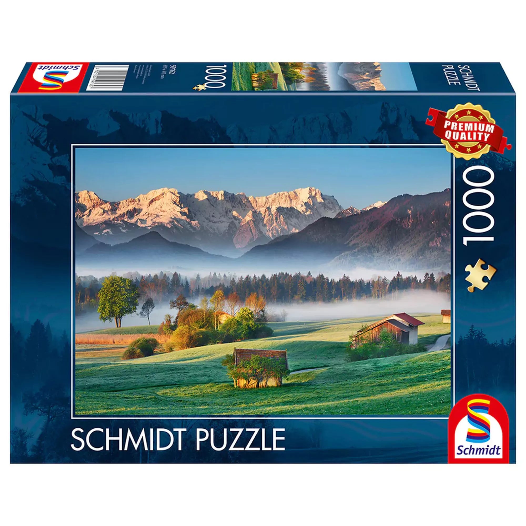 Puzzle Schmidt Festői táj, Garmisch Partenkirchen – 1000 darabos puzzle doboza alpesi házakkal és havas hegycsúcsokkal.