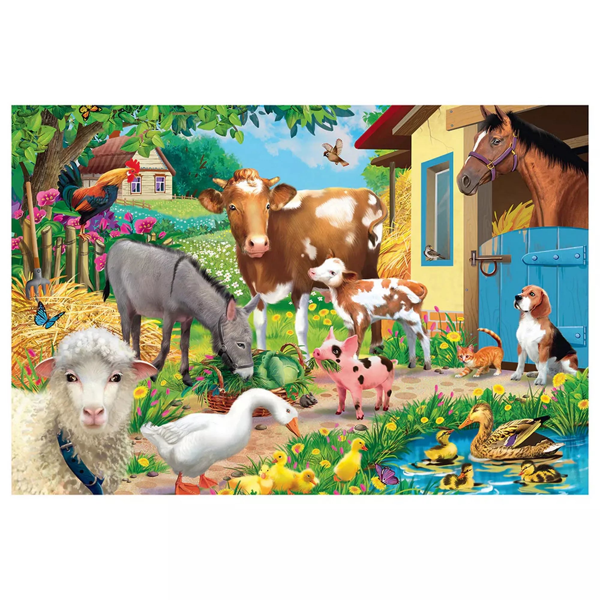 Schmidt Puzzle 60 darabos gyerek puzzle kirakott képe, vidám farmudvarral, háziállatokkal, tóval, kiskacsákkal és tavaszi környezettel