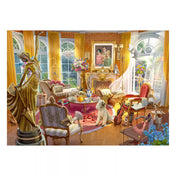 Schmidt Puzzle June’s Journey Az Orchidea Birtok Szalonja kész kirakó részletgazdag kastélyszalon belső térrel, fehér uszkár kutyával és rejtett objektumokkal.