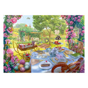 June’s Journey kerti teadélután jelenet kirakva, részletgazdag asztal, sütemények, teáskanna, fonalgombolyagok és virágos kert háttérrel