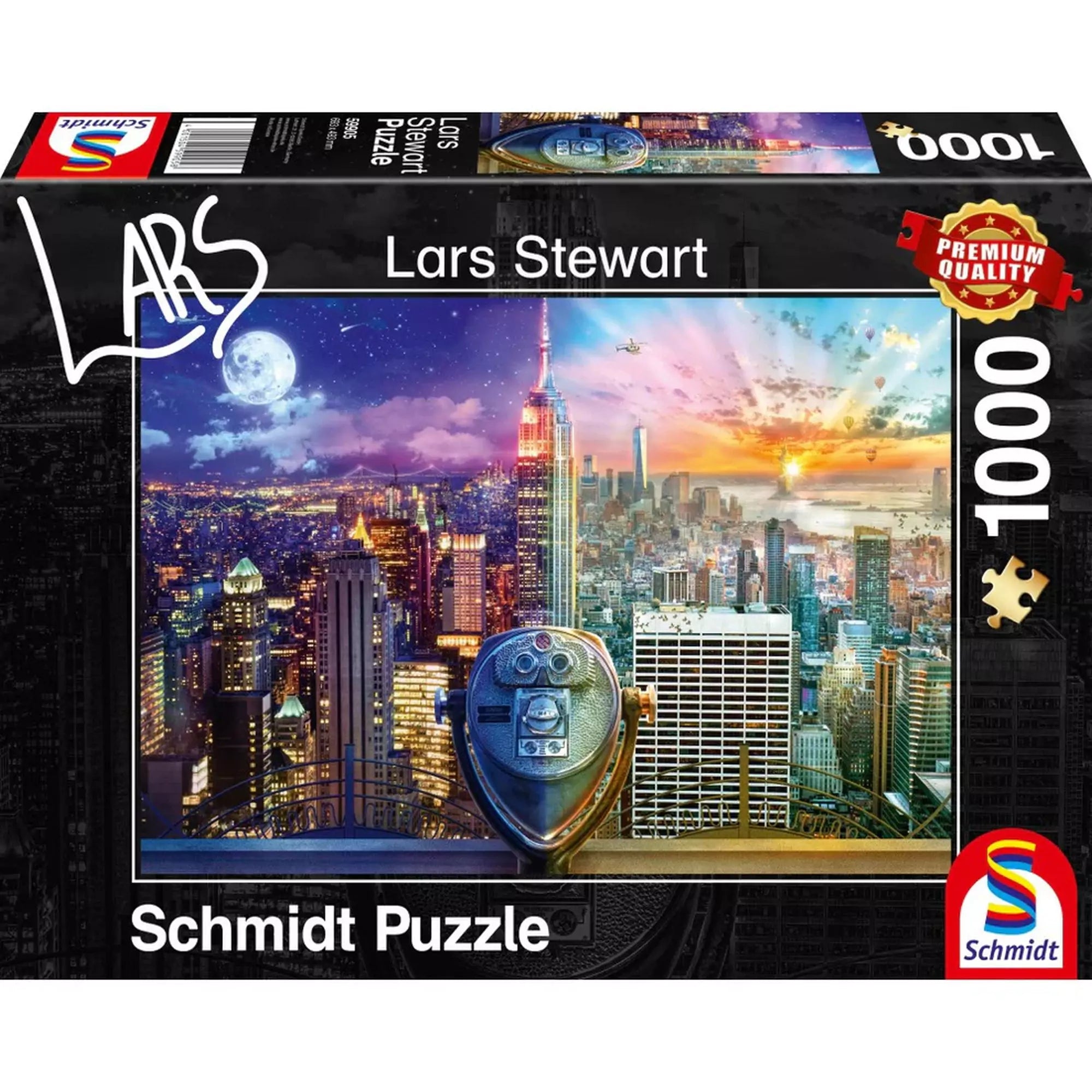  Puzzle Schmidt Lars Stewart, Night and Day: New York – 1000 darabos prémium minőségű kirakó doboza, amely a New York-i városképet ábrázolja nappali és éjszakai fényekben, az Empire State Building központi látványával.