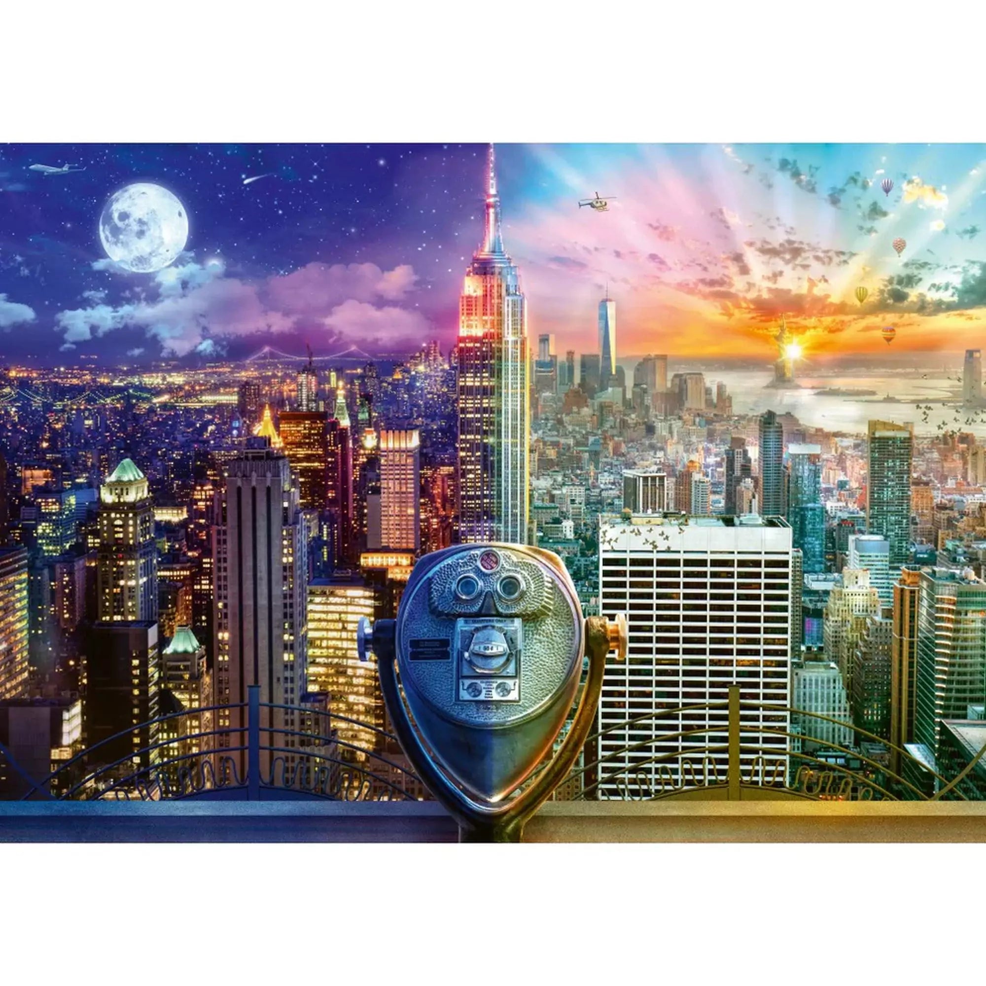 Puzzle Schmidt Lars Stewart, Night and Day: New York – lenyűgöző panorámakép a New York-i felhőkarcolókról, ahol a naplemente és az éjszakai égbolt találkozik, a város ikonikus látképével és egy távcsővel az előtérben.