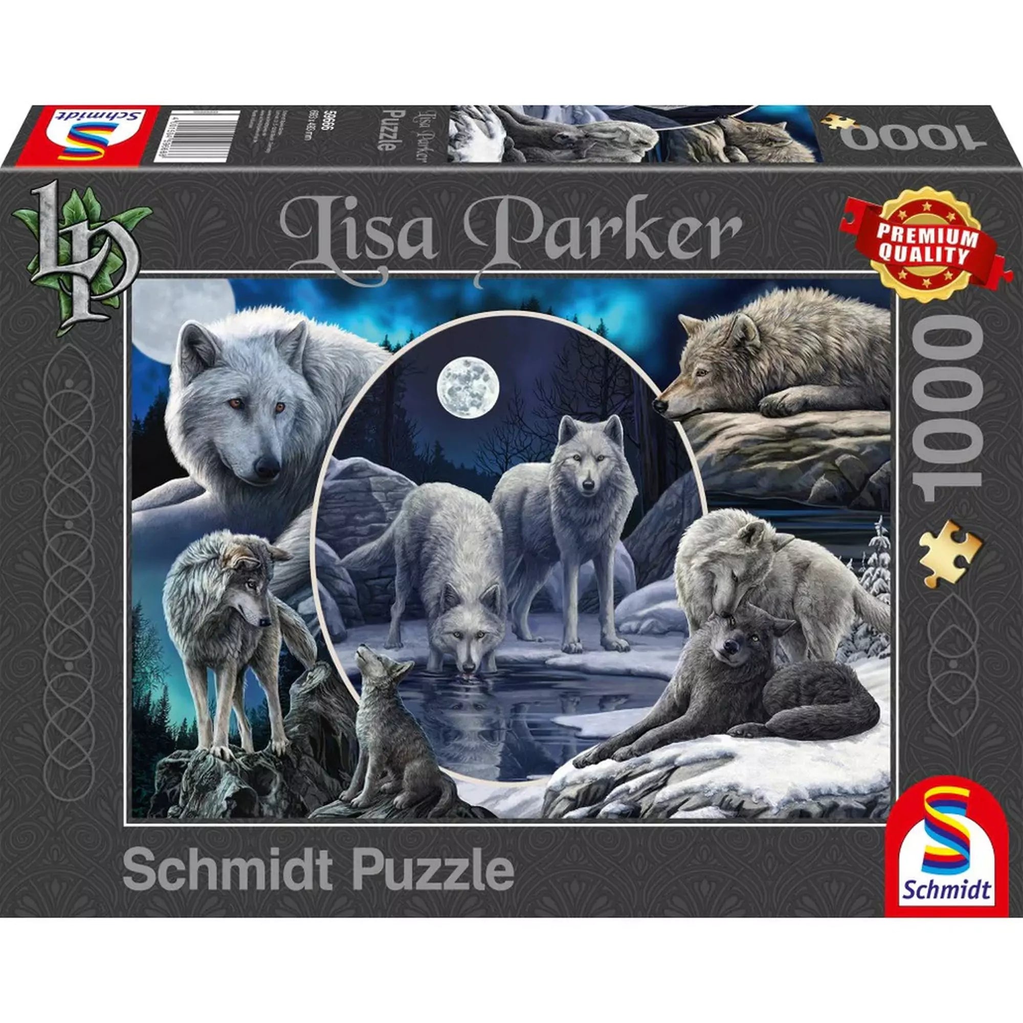 Schmidt Puzzle Lisa Parker: A csodálatos farkasok – 1000 darabos puzzle doboza, amelyen a művész varázslatos farkasábrázolása látható.