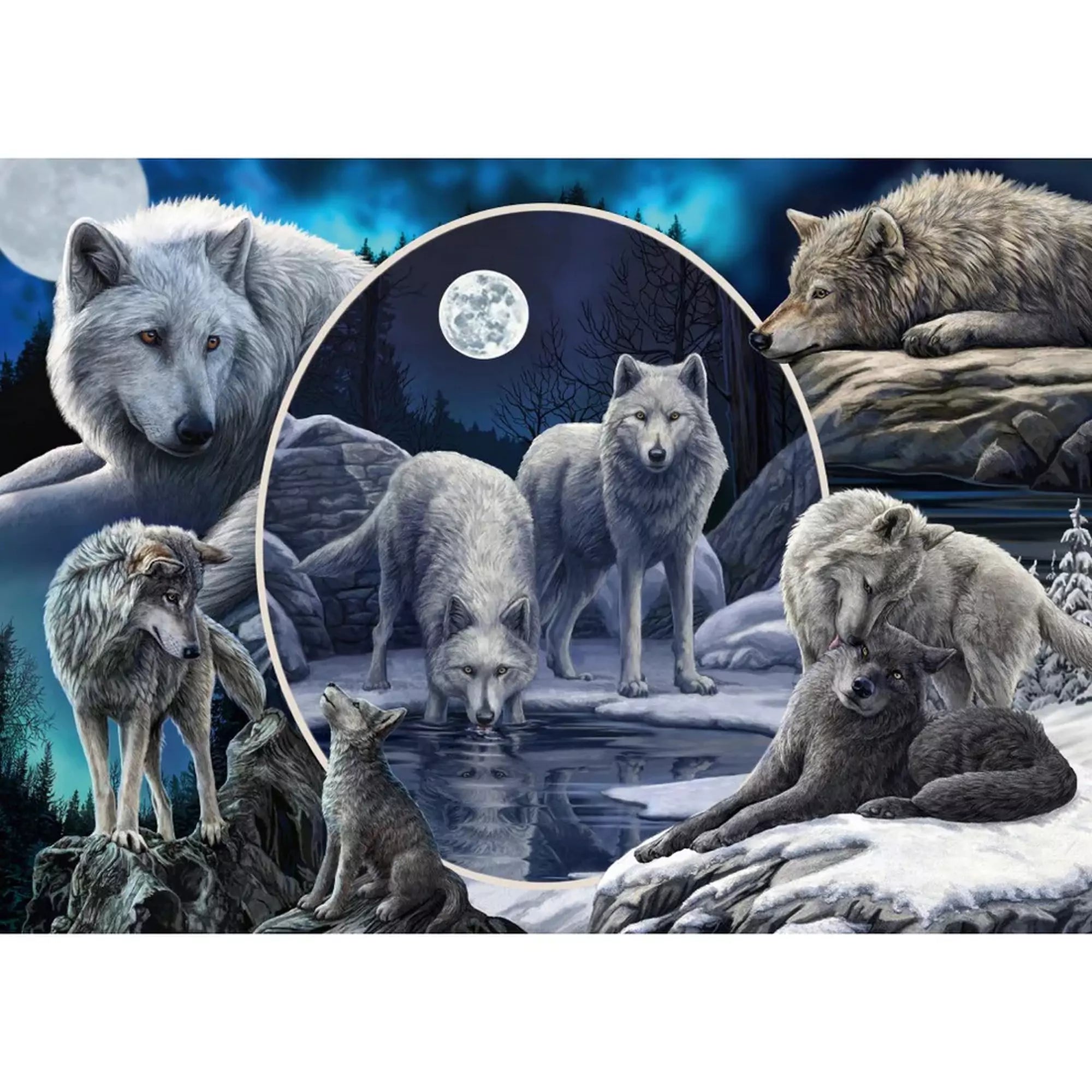 Schmidt Puzzle Lisa Parker: A csodálatos farkasok – 1000 darabos puzzle illusztrációja, melyen különböző farkasok jelennek meg a holdfényben, erdei és havas környezetben.