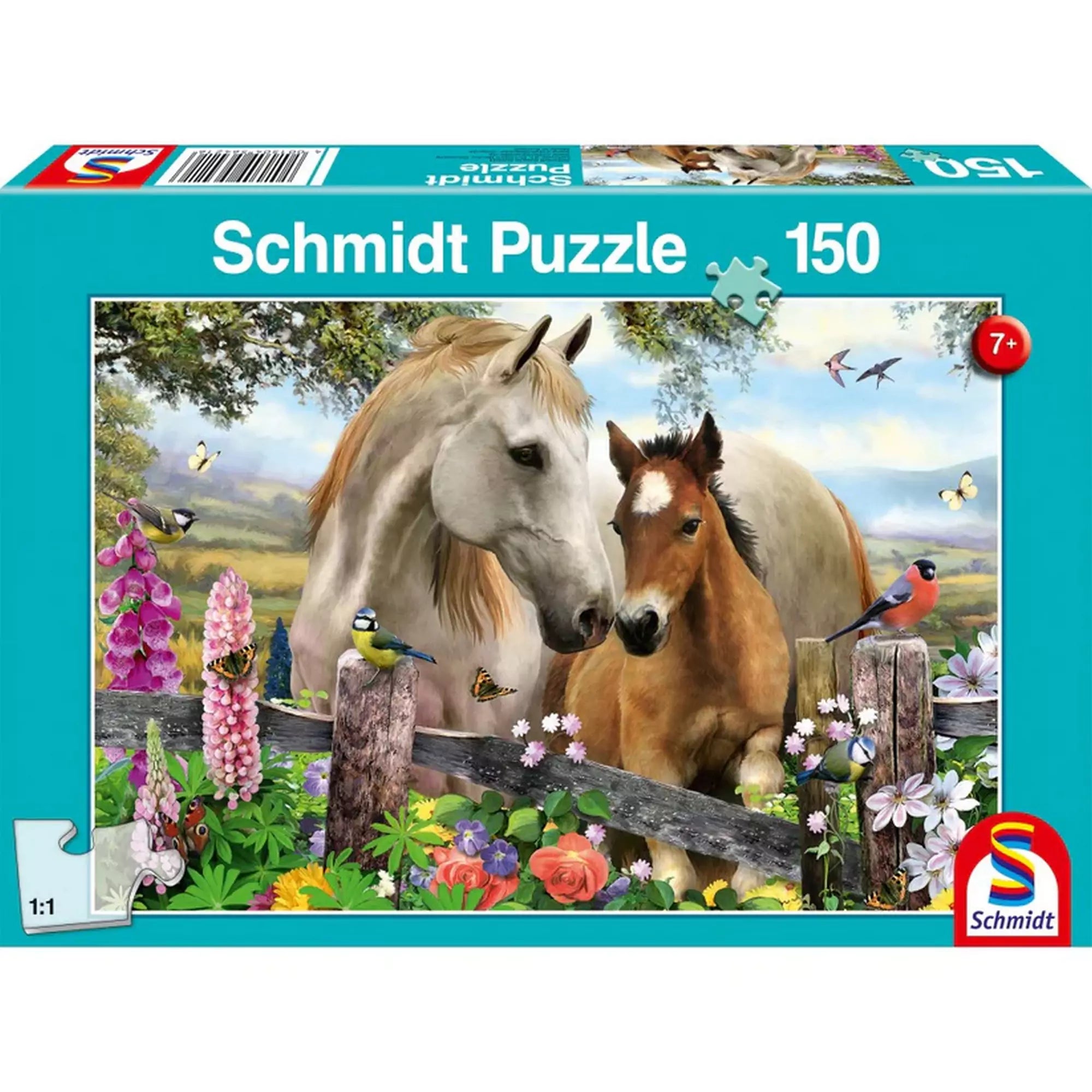 Schmidt Puzzle: Ló és csikója 150 darabos dobozának borítója, egy idilli jelenet lovakkal és színes virágokkal."