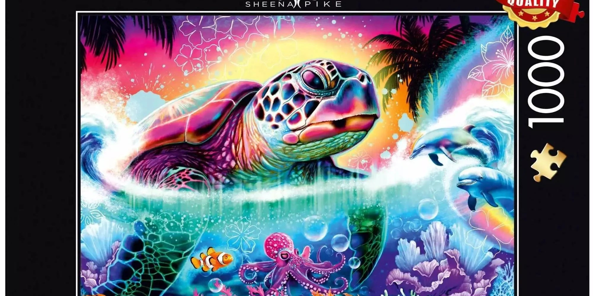 Schmidt Puzzle 1000 darabos Neon teknős kirakó dobozképe, színes tengeri jelenettel, teknőssel, delfinekkel és korallokkal.