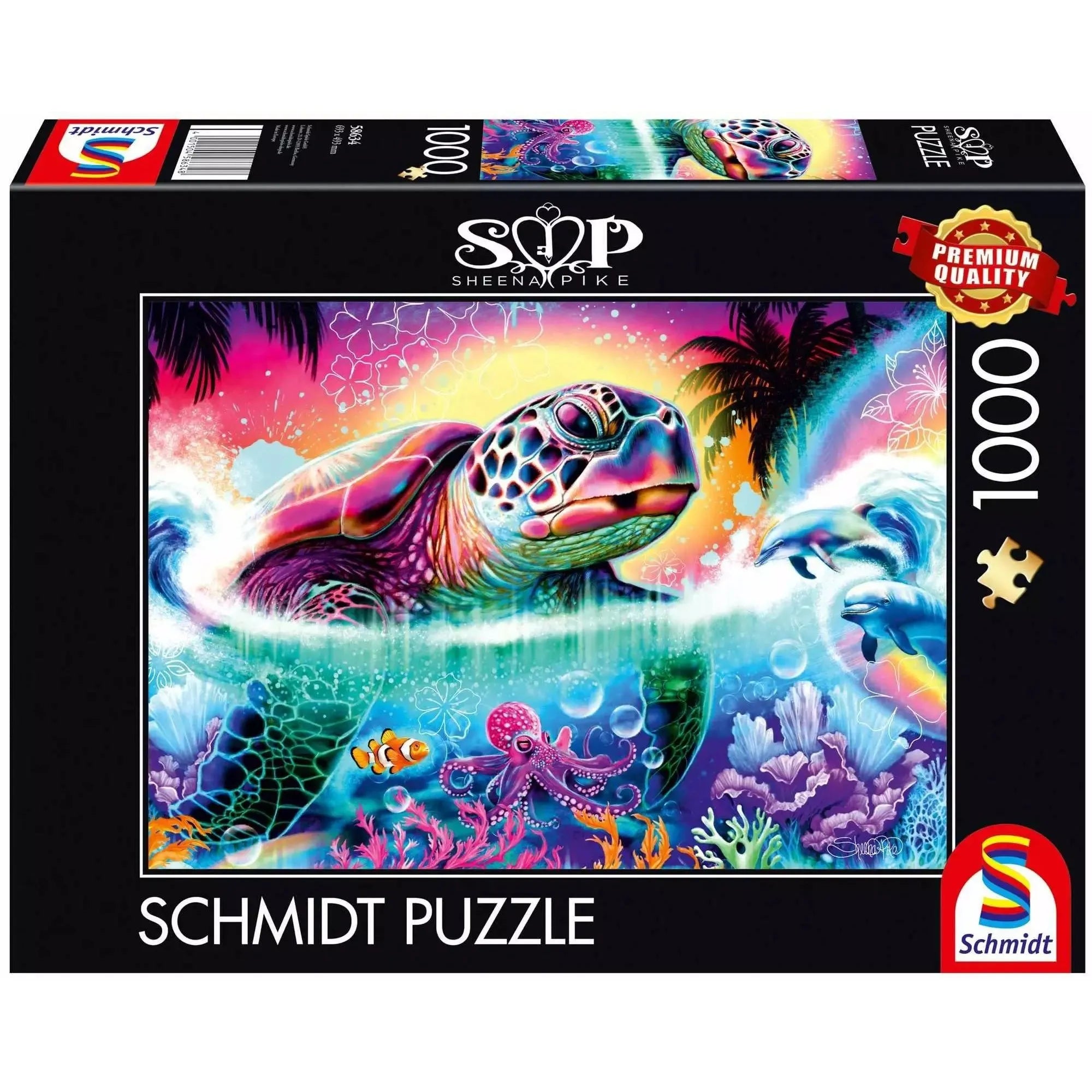 Schmidt Puzzle 1000 darabos Neon teknős kirakó dobozképe, színes tengeri jelenettel, teknőssel, delfinekkel és korallokkal.