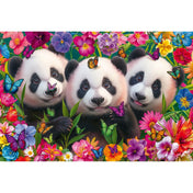 Schmidt Puzzle Panda Flowers 200 db-os kirakó kirakott képe, három aranyos pandabocs élénk virágok és pillangók között.