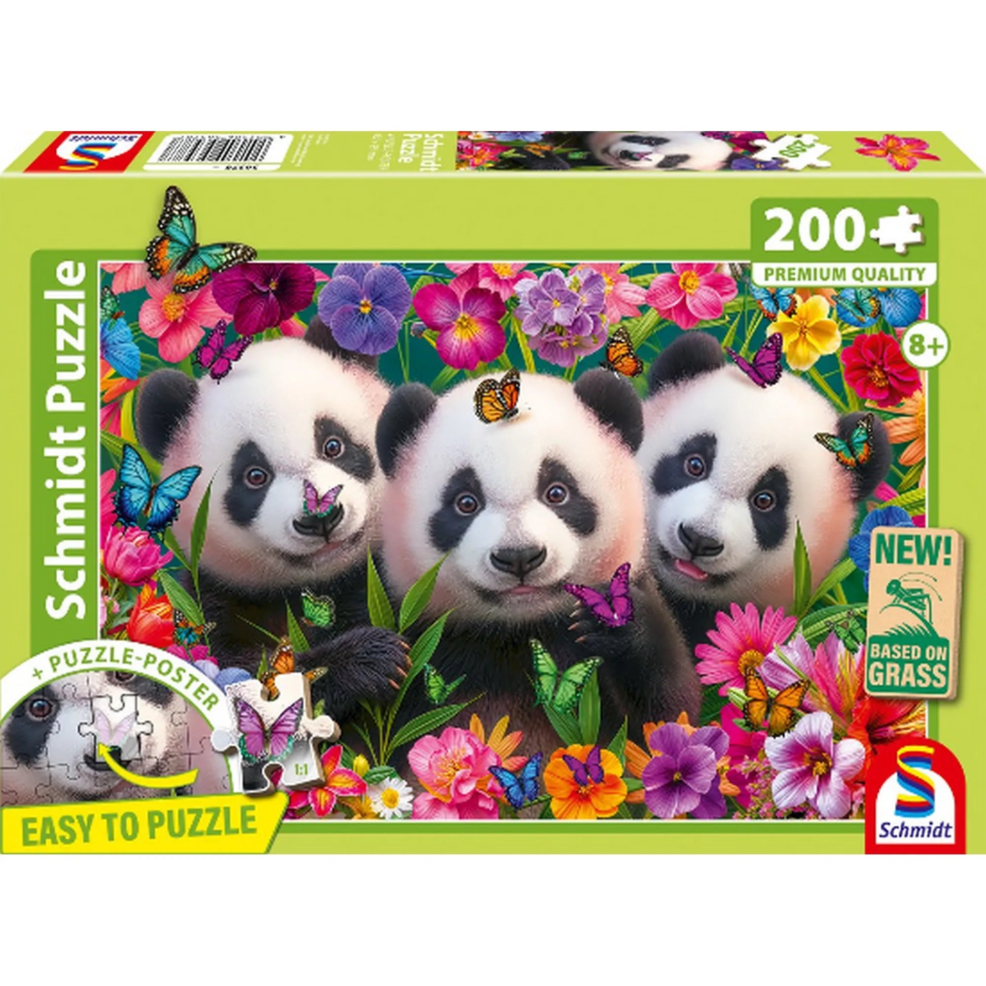 Schmidt Puzzle Panda trio 200 db-os kirakó dobozképe, három pandabocs virágok és színes pillangók között, 8+ jelöléssel.