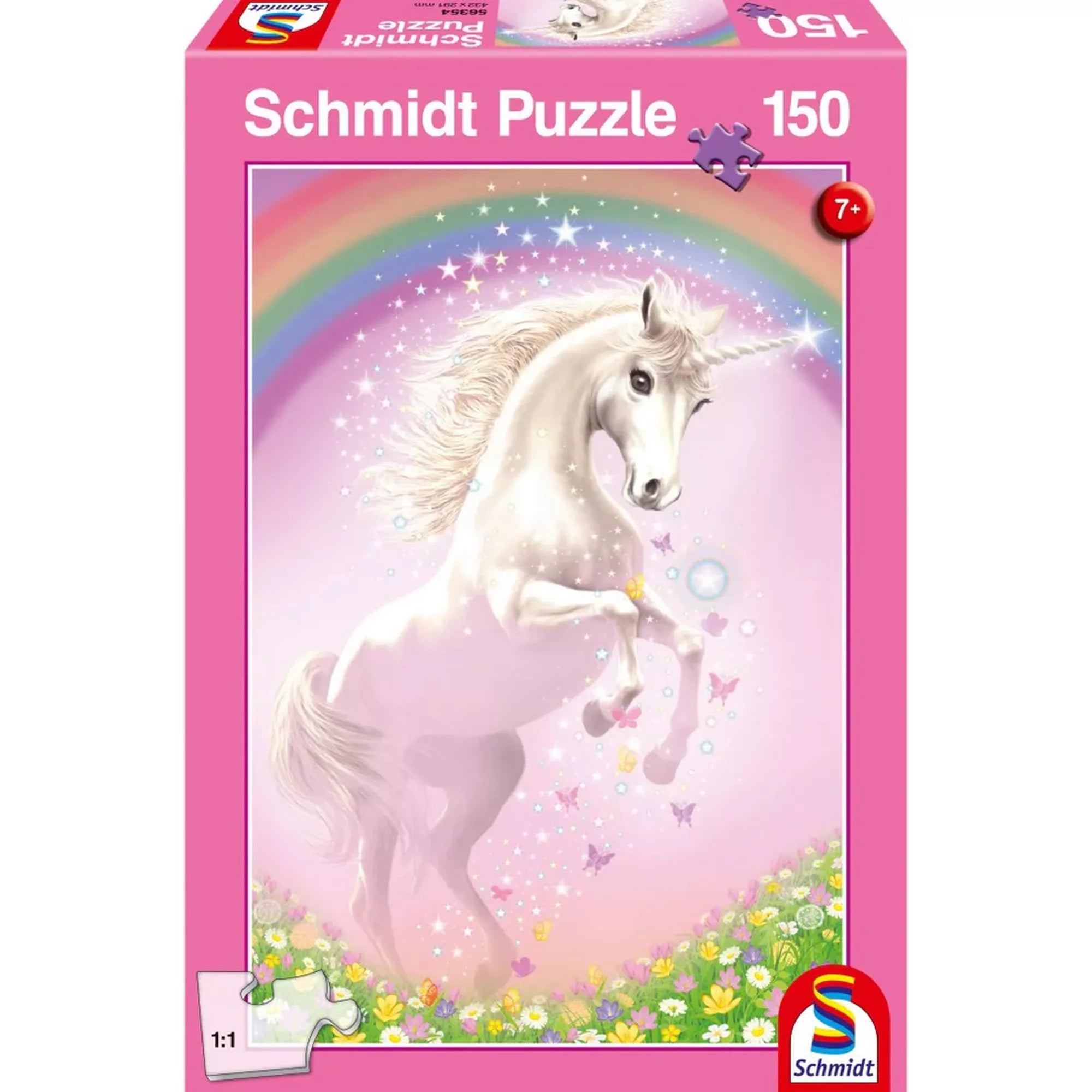 Schmidt Puzzle Unicorn rózsaszín dobozkép, 150 darabos gyermek puzzle, fehér unikornissal, szivárvánnyal és csillogó mágikus elemekkel, prémium Schmidt minőség.
