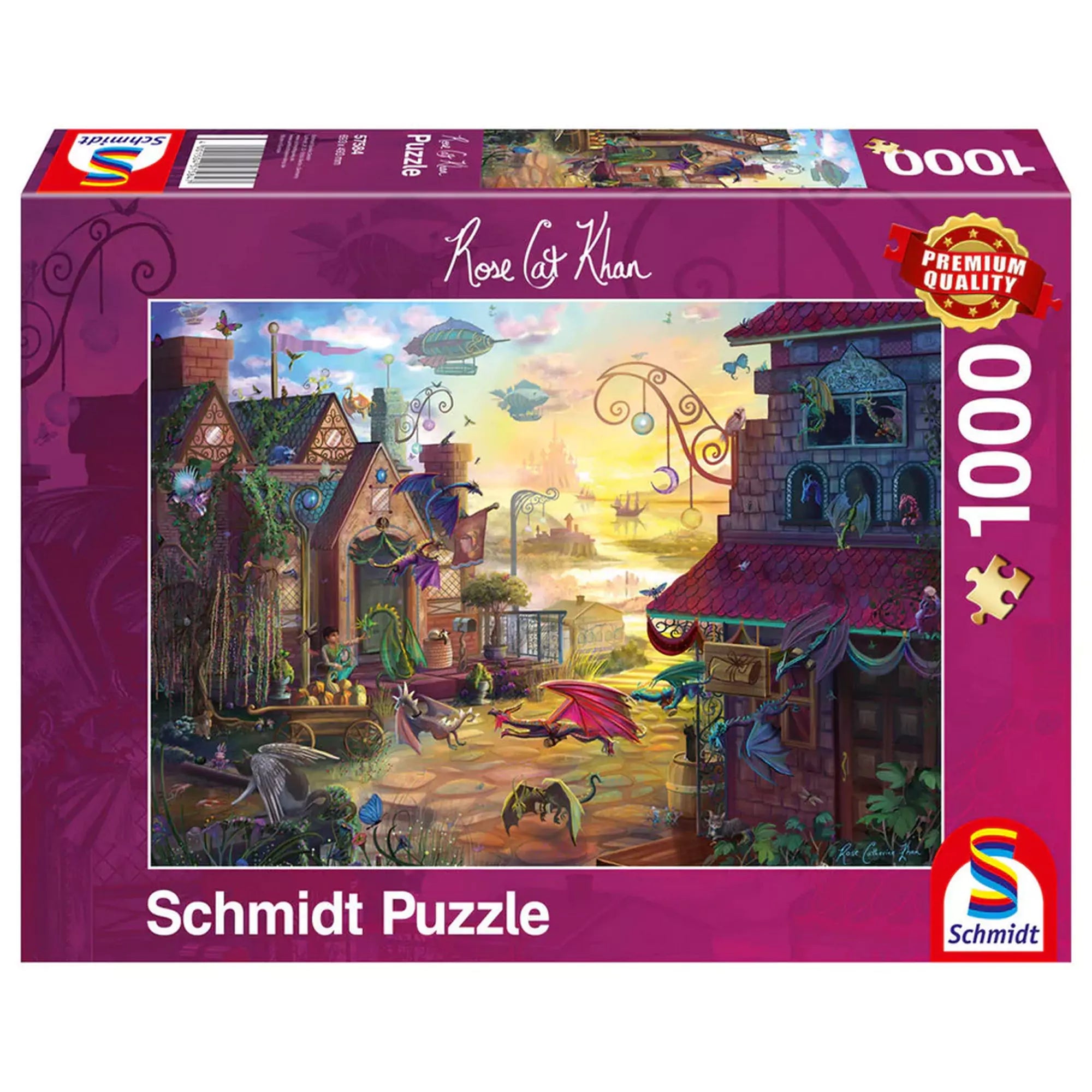 Schmidt Puzzle Rose Cat Khan Sárkányposta 1000 darabos doboz – színes illusztráció sárkányokkal, akik leveleket és csomagokat kézbesítenek egy mesebeli városban.