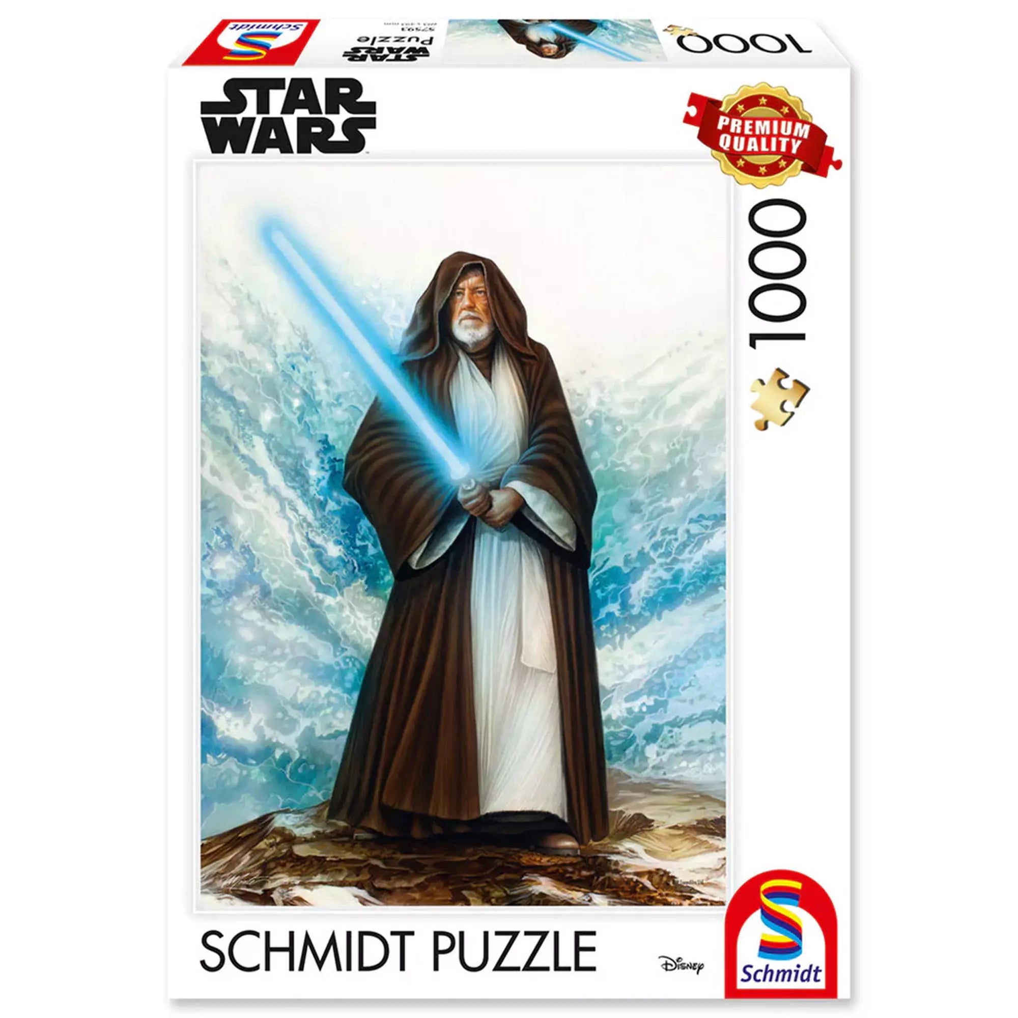 A Schmidt Puzzle Star Wars: Jedi Mester 1000 darabos doboza, Obi-Wan Kenobi alakjával fénykarddal a kezében, prémium minőségű kiadásban.