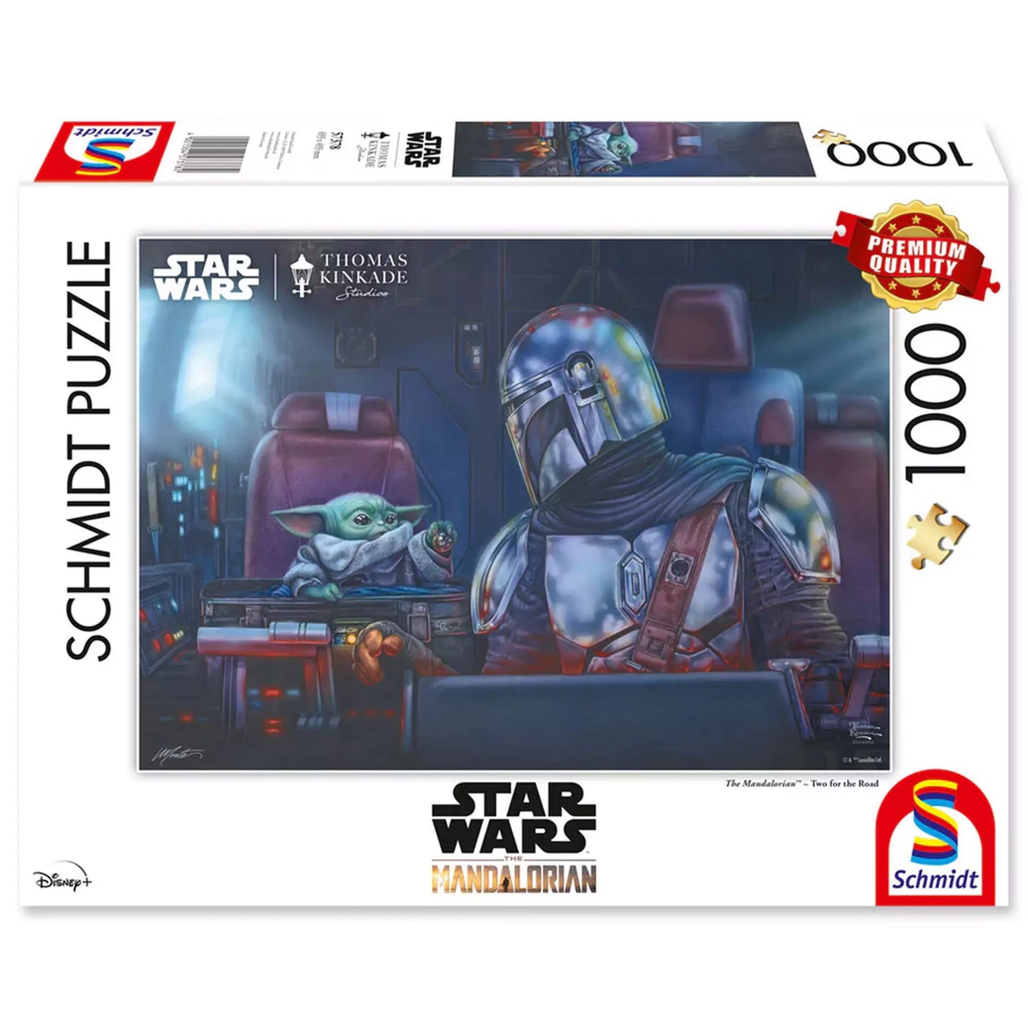 Schmidt Puzzle Star Wars: Mandalóri – Ketten az úton, 1000 darabos doboz, Din Djarin és Baby Yoda űrhajóban ábrázolt jelenetével, prémium minőségű kiadás.