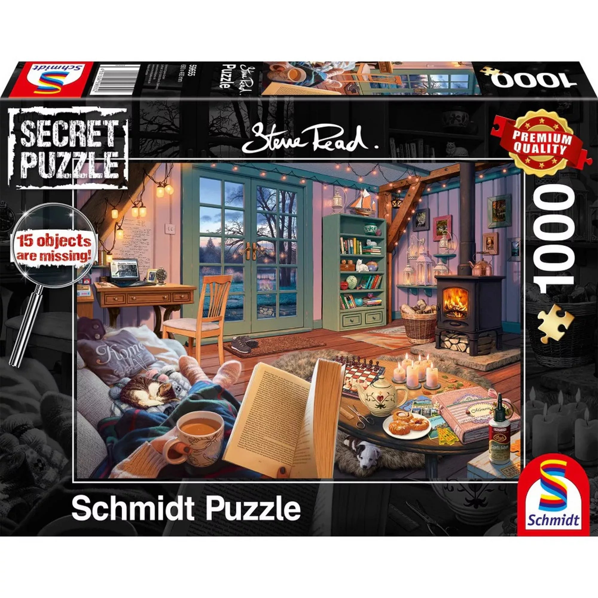 Schmidt Puzzle Steve Read Secret Puzzles In casa de vacanță 1000 darabos puzzle dobozkép, meghitt téli enteriőrrel és „15 objects are missing” kihívással