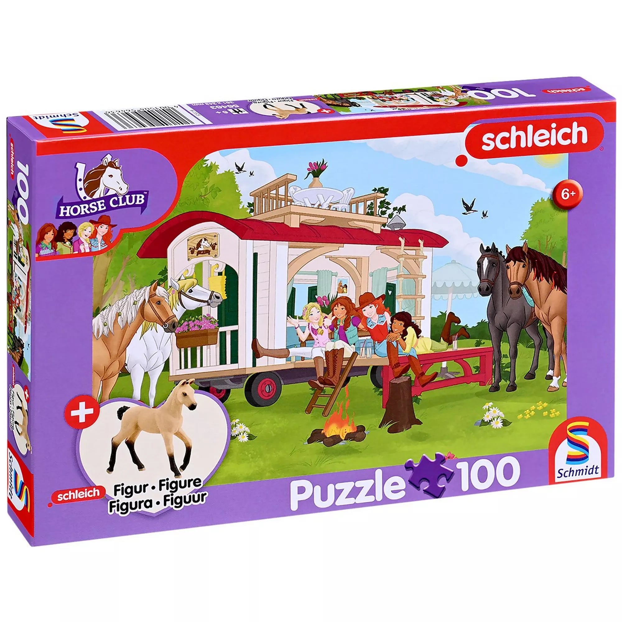 Schleich Horse Club 100 darabos puzzle doboza, lovas jelenet lakókocsival és tábortűzzel, ajándék csikó figurával, 6 éves kortól.