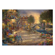 „Puzzle Schmidt: Thomas Kinkade – Amszterdam, 1000 darabos kirakó képe, részletes festmény Amszterdam csatornáiról és virágos utcáiról.”