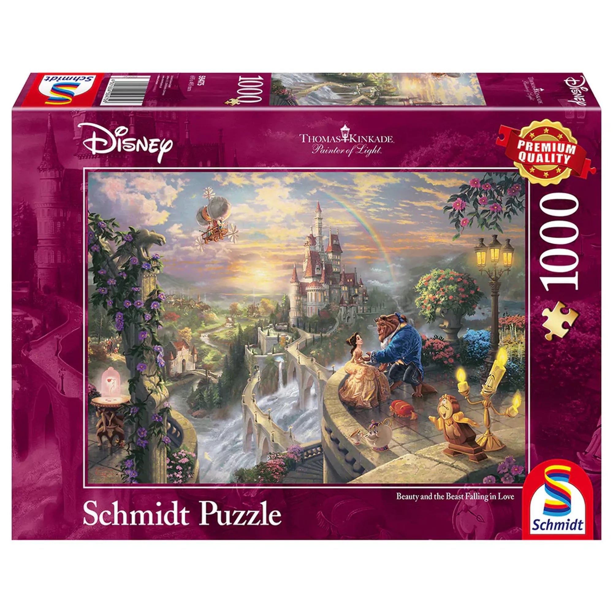 Puzzle Schmidt: Thomas Kinkade Beauty and the Beast doboza, amely 1000 darabos prémium minőségű kirakót tartalmaz a Disney klasszikus mese alapján.