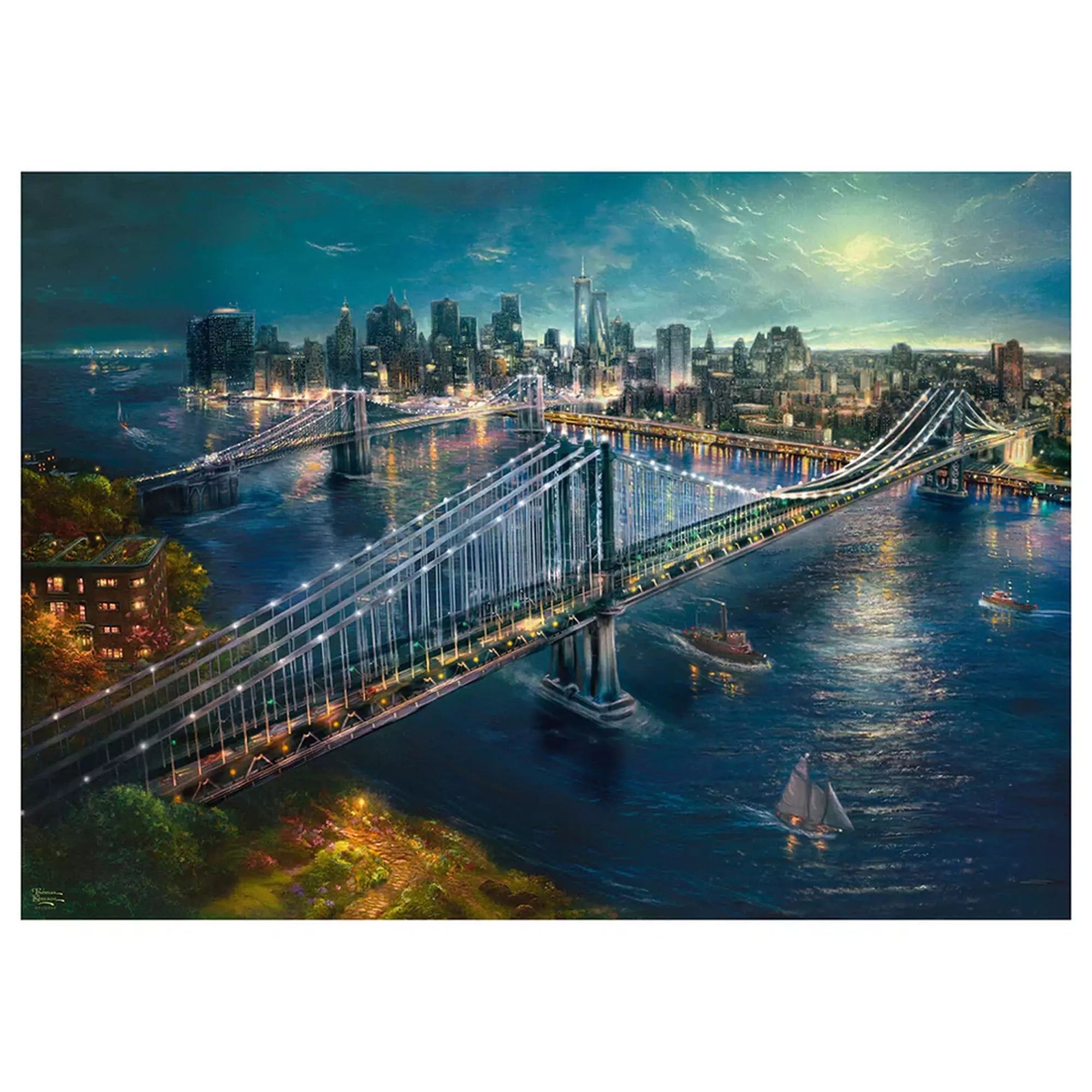 A Puzzle Schmidt Thomas Kinkade Holdfény Manhattan felett kirakott képe, éjszakai városkép híddal és fényárban úszó Manhattan látképével.