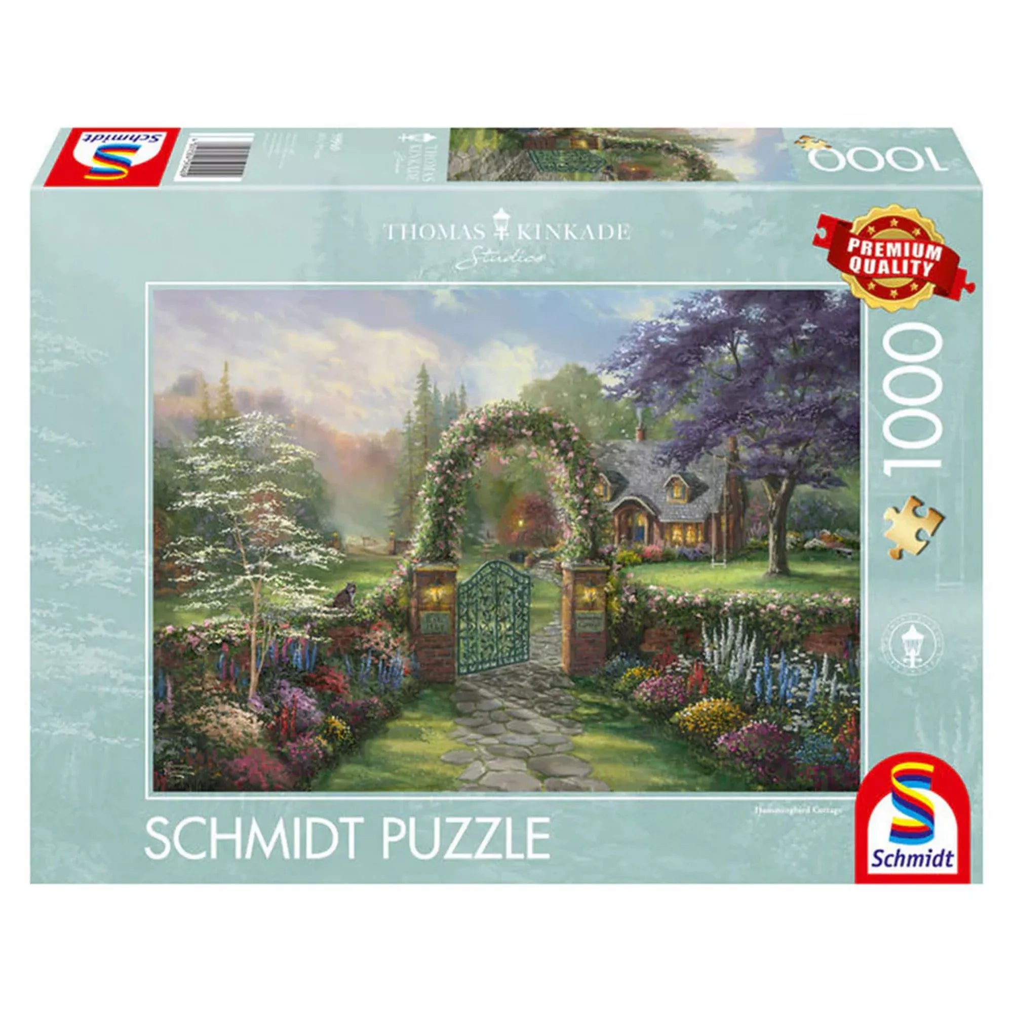 Schmidt Puzzle Thomas Kinkade Hummingbird Cottage dobozkép, 1000 darabos prémium puzzle, virágos kerttel, boltíves kapuval és meghitt vidéki házzal, Thomas Kinkade Studios illusztrációval.