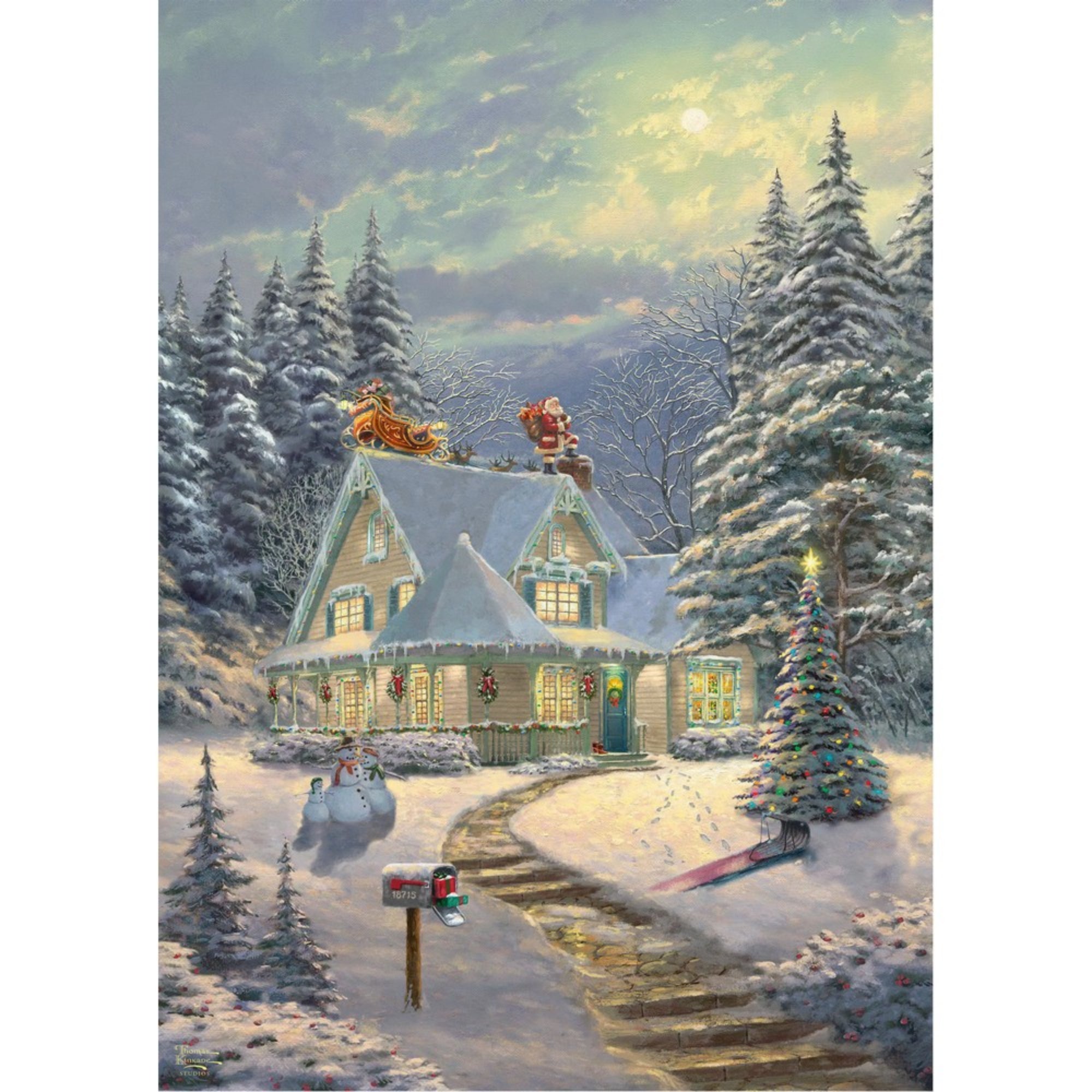 Thomas Kinkade karácsonyi jelenetet ábrázoló festménye egy havas házról, ahol Mikulás szánja a tetőn parkol, 1000 darabos puzzle képéhez.