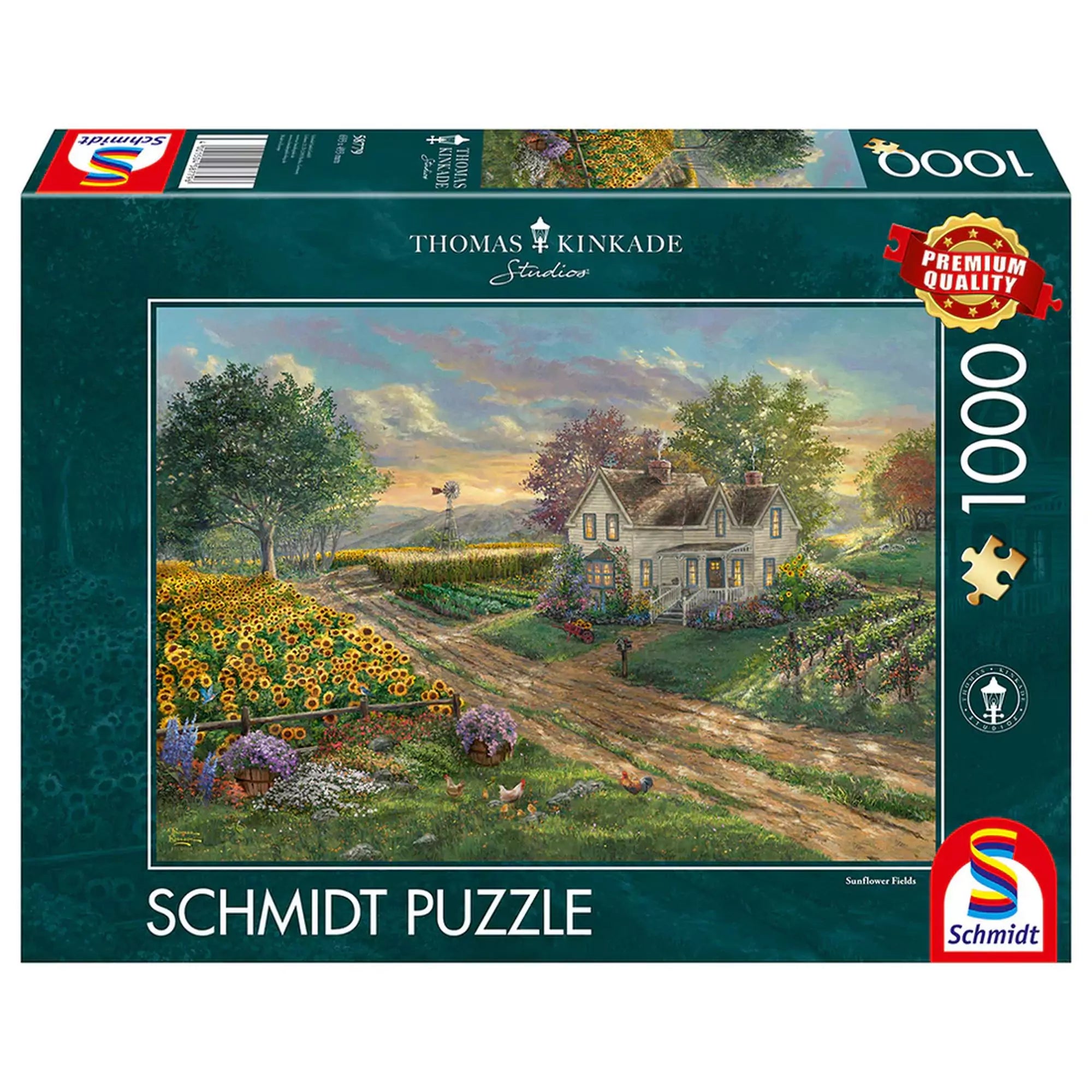 Puzzle Schmidt Thomas Kinkade Napraforgó mezők – 1000 darabos prémium puzzle doboza, bájos vidéki házzal és virágzó napraforgómezővel.