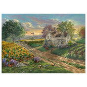  Puzzle Schmidt Thomas Kinkade Napraforgó mezők – festői táj vidéki házzal, napraforgókkal és barátságos kerttel, naplemente fényében.