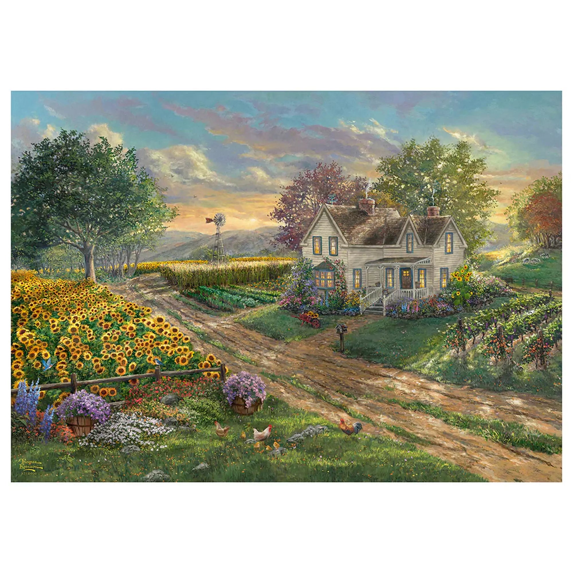  Puzzle Schmidt Thomas Kinkade Napraforgó mezők – festői táj vidéki házzal, napraforgókkal és barátságos kerttel, naplemente fényében.
