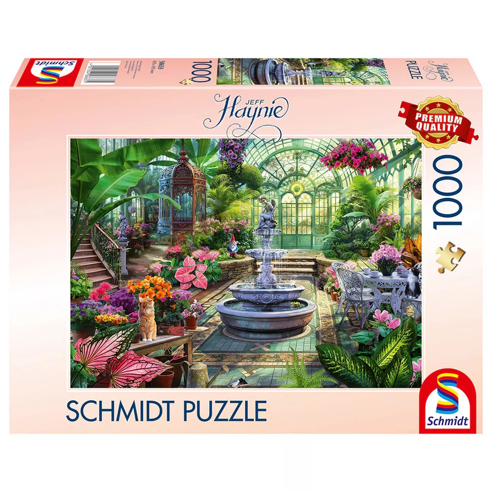 Schmidt Puzzle 1000 darabos kirakó dobozképe Jeff Haynie illusztrációval, amely egy üvegházban kialakított, buja botanikus kertet ábrázol központi szökőkúttal, virágokkal, pálmákkal, kerti bútorokkal és dekoratív részletekkel.