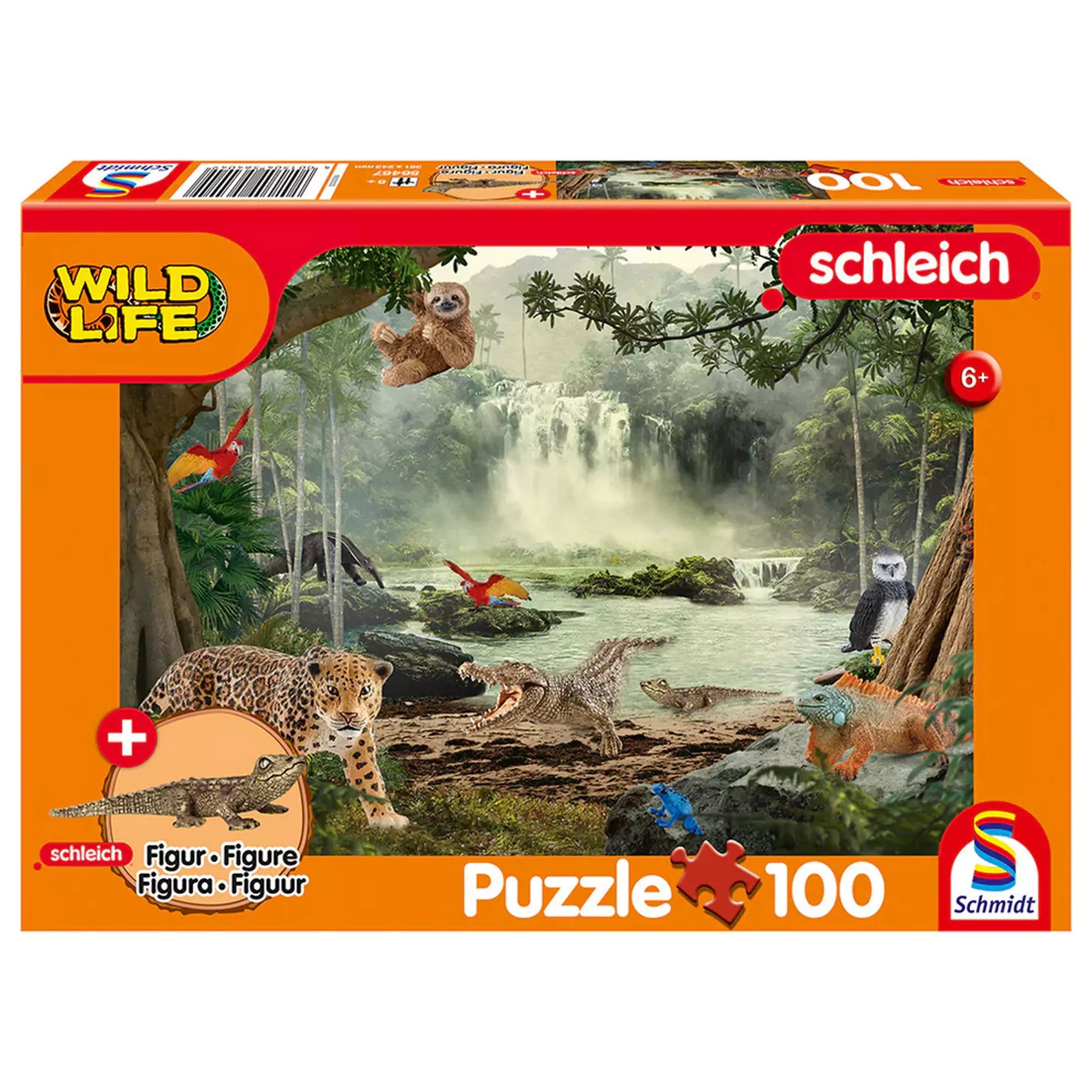 Puzzle Schmidt Wildlife in the rainforest doboza, amely 100 darabos kirakót és egy Schleich krokodil figurát tartalmaz.