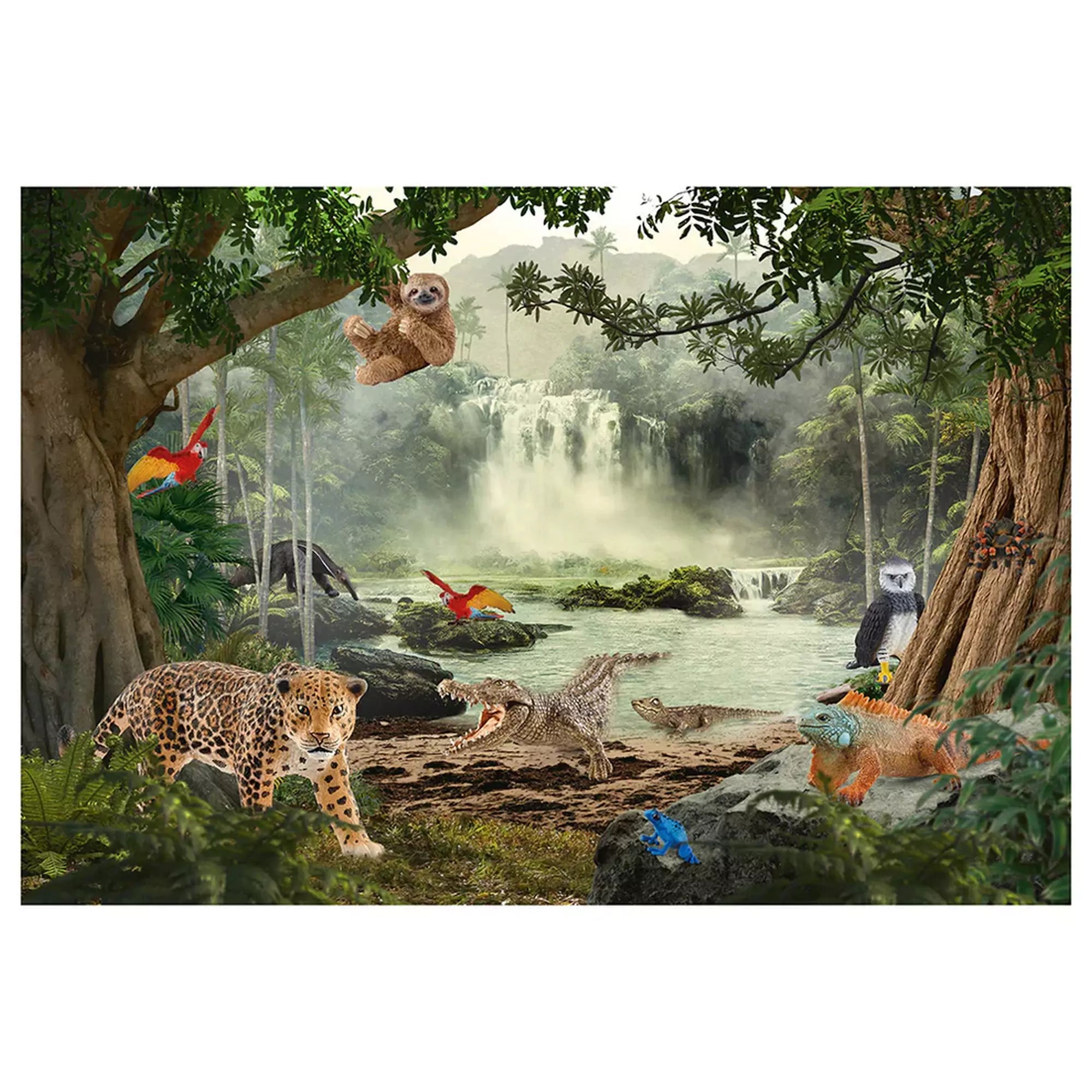 Puzzle Schmidt Wildlife in the rainforest kirakó teljes képe egzotikus állatokkal és vízeséssel a háttérben.