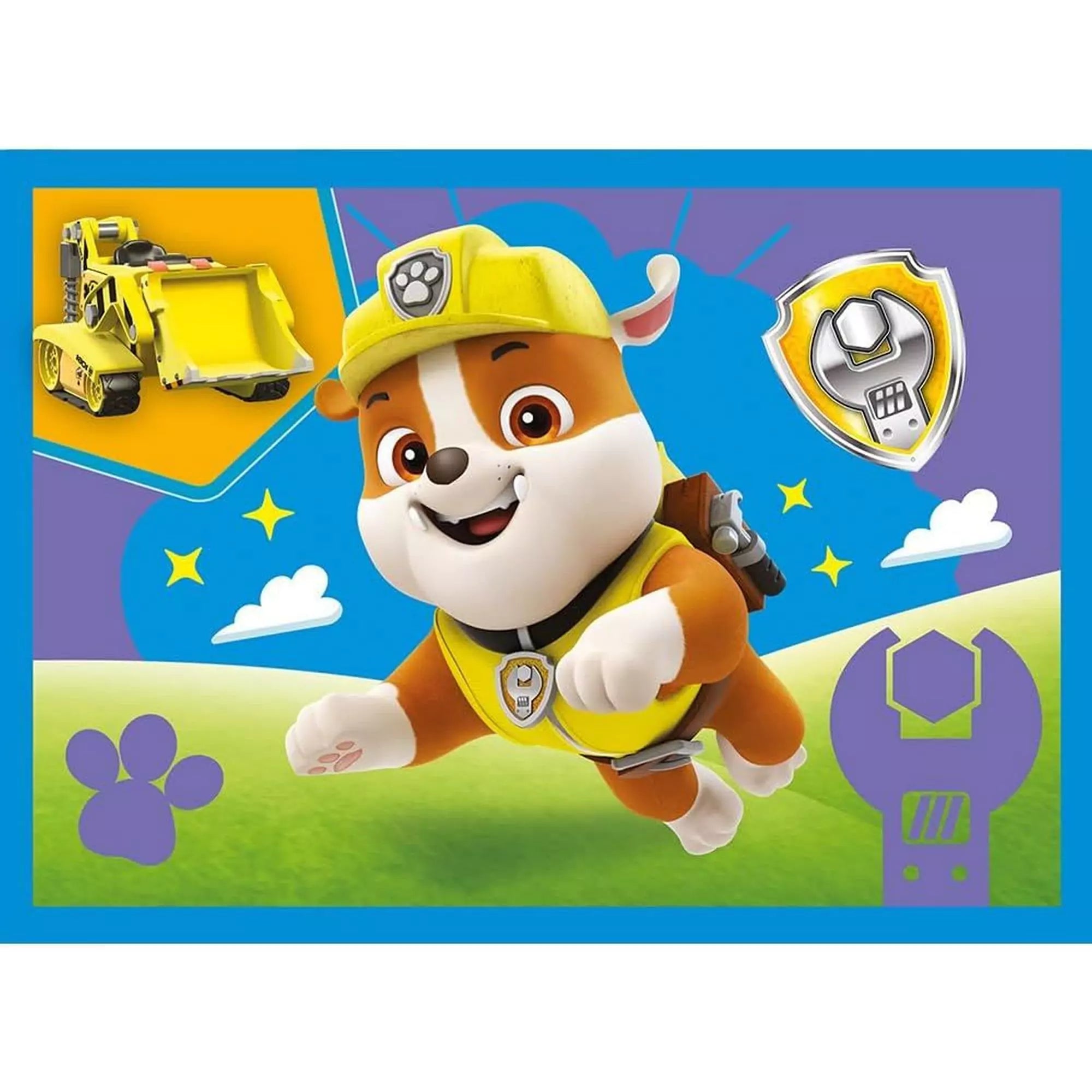 Rubble a Trefl Puzzle-ban: A Paw Patrol puzzle harmadik darabja, amely Rubble-t ábrázolja, aki a munkásgépével repül a segítségére.