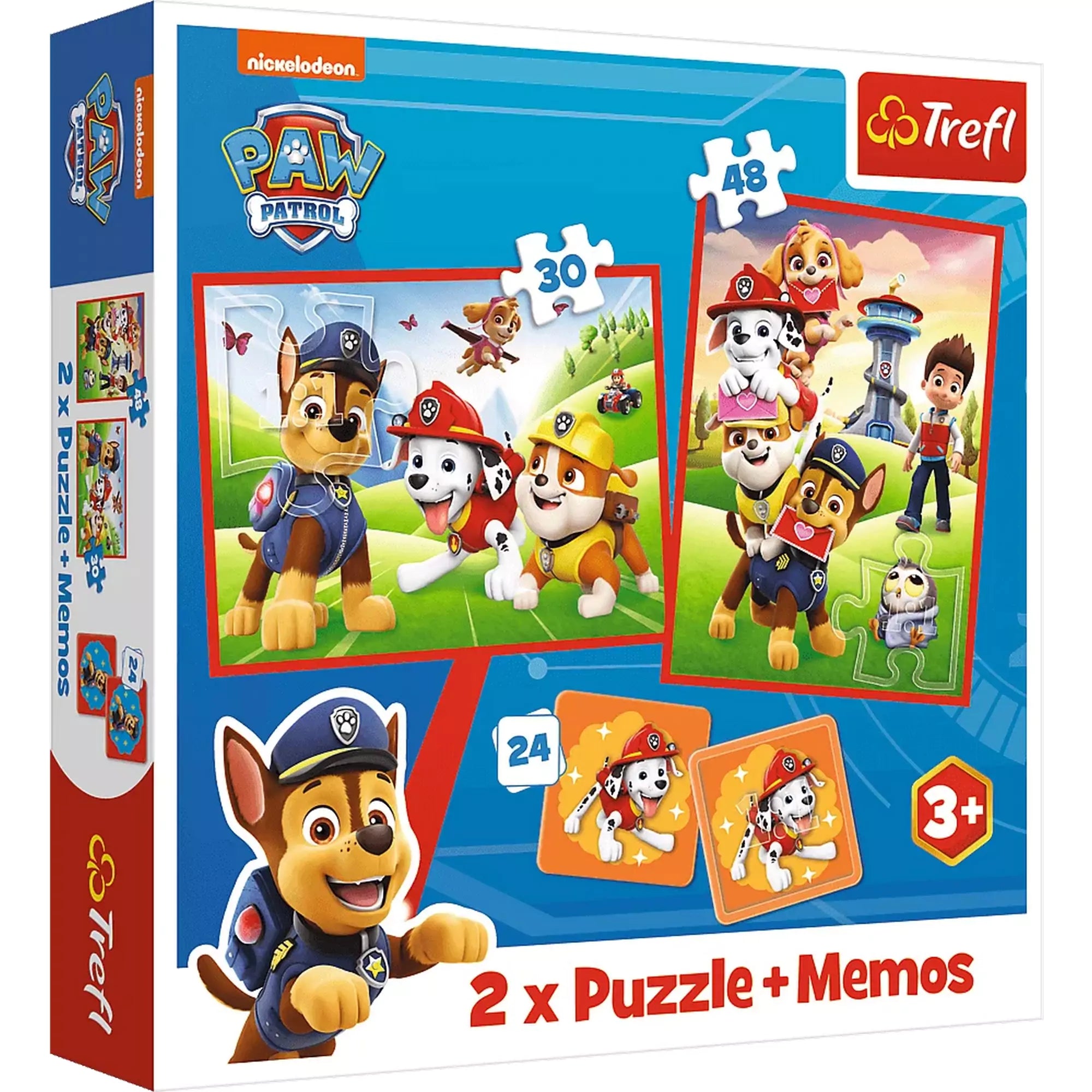Puzzle Trefl: Mancs Őrjárat 2 az 1-ben – Puzzle és memóriajáték doboza, vidám kutyusokkal és színes dizájnnal.