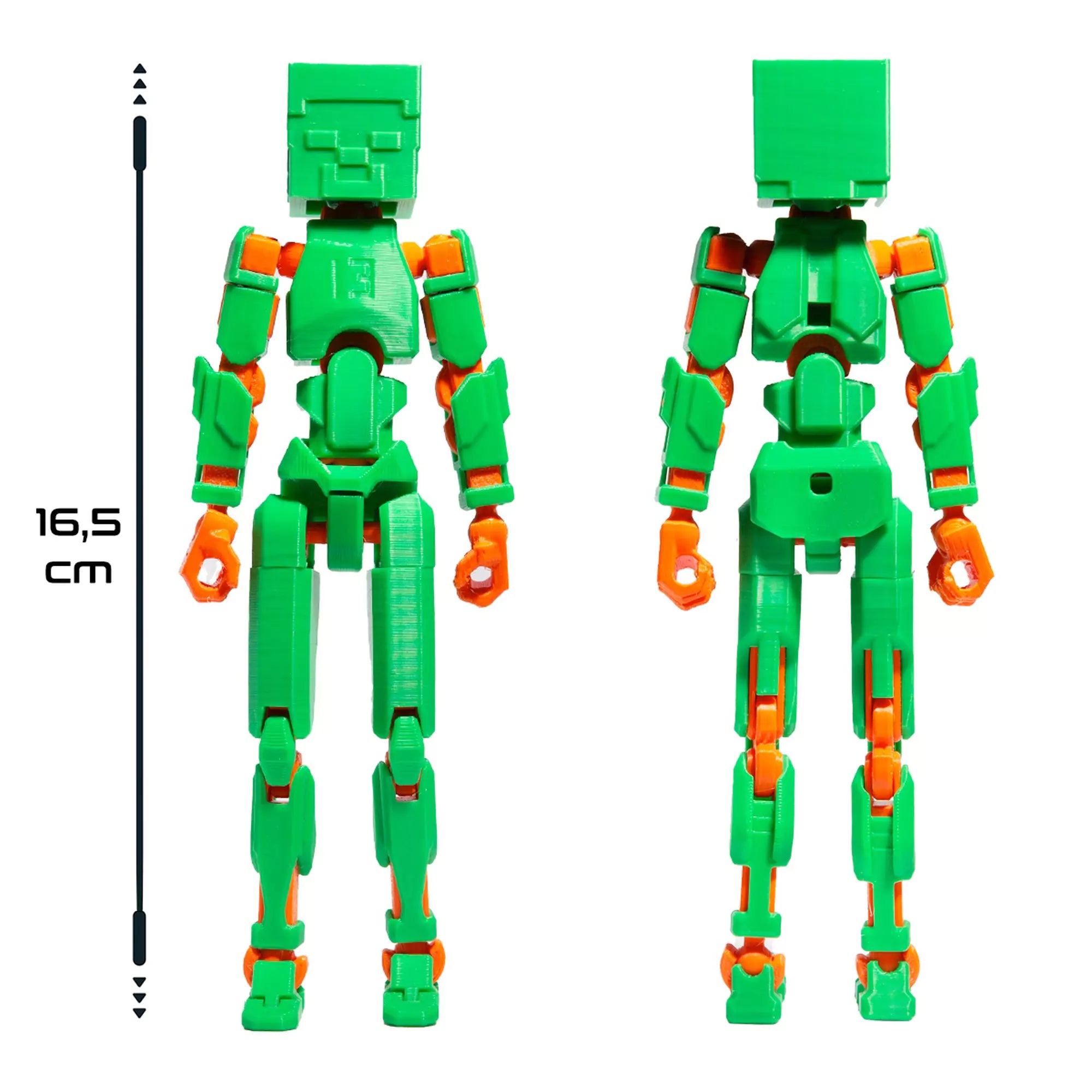 3D Robotfigura R13: Minecraft típus, zöld-narancssárga – Hát- és elölnézeti kép a 16,5 cm magas, teljesen mozgatható figuráról.