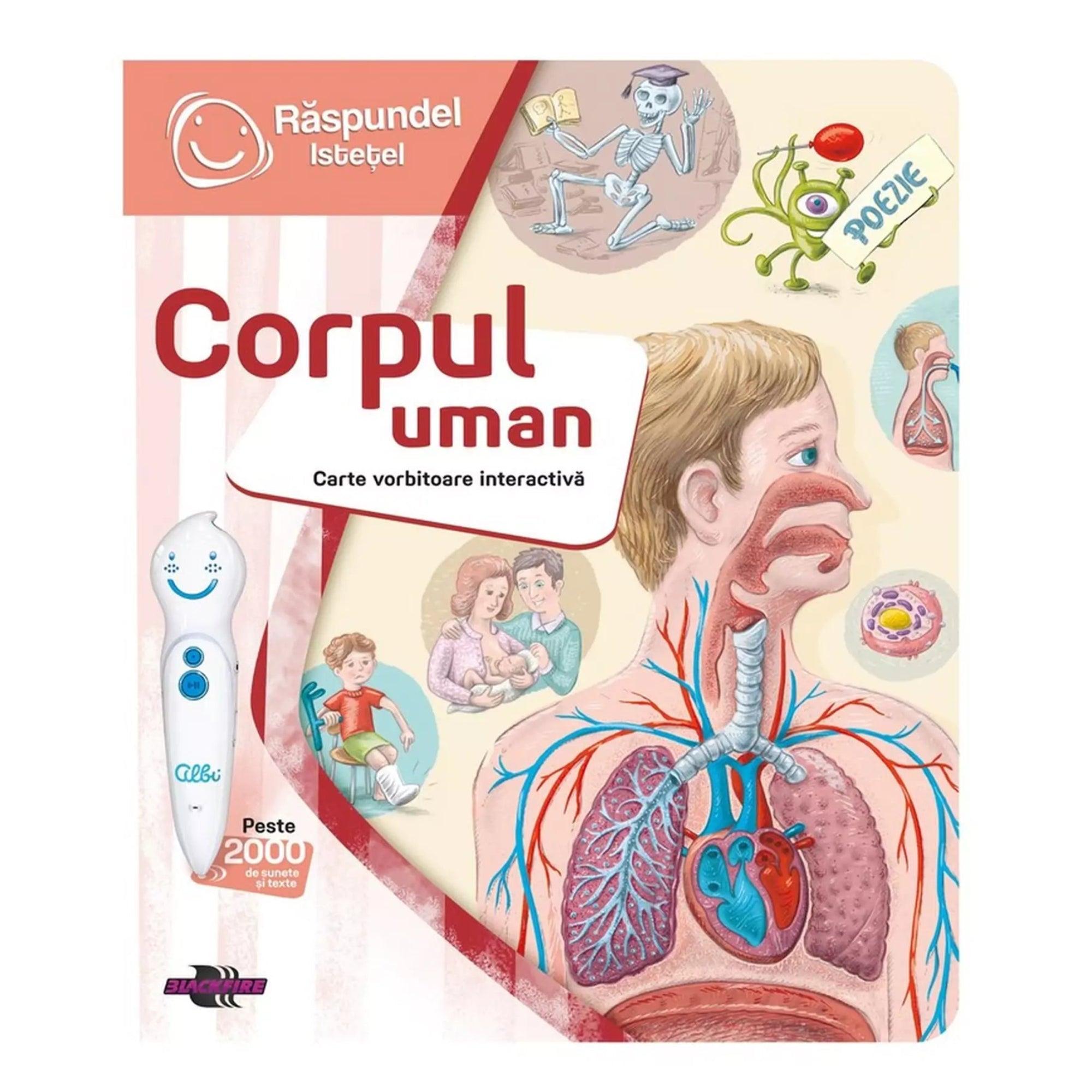 A "Răspundel Istețel Corpul uman" interaktív könyv borítója, amely játékosan tanítja meg a gyerekeknek az emberi test működését.