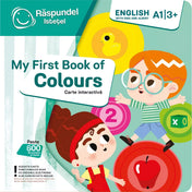„Răspundel Istețel: My First Book of Colours angol interaktív könyv borítója, színes illusztrációkkal és karakterekkel.”