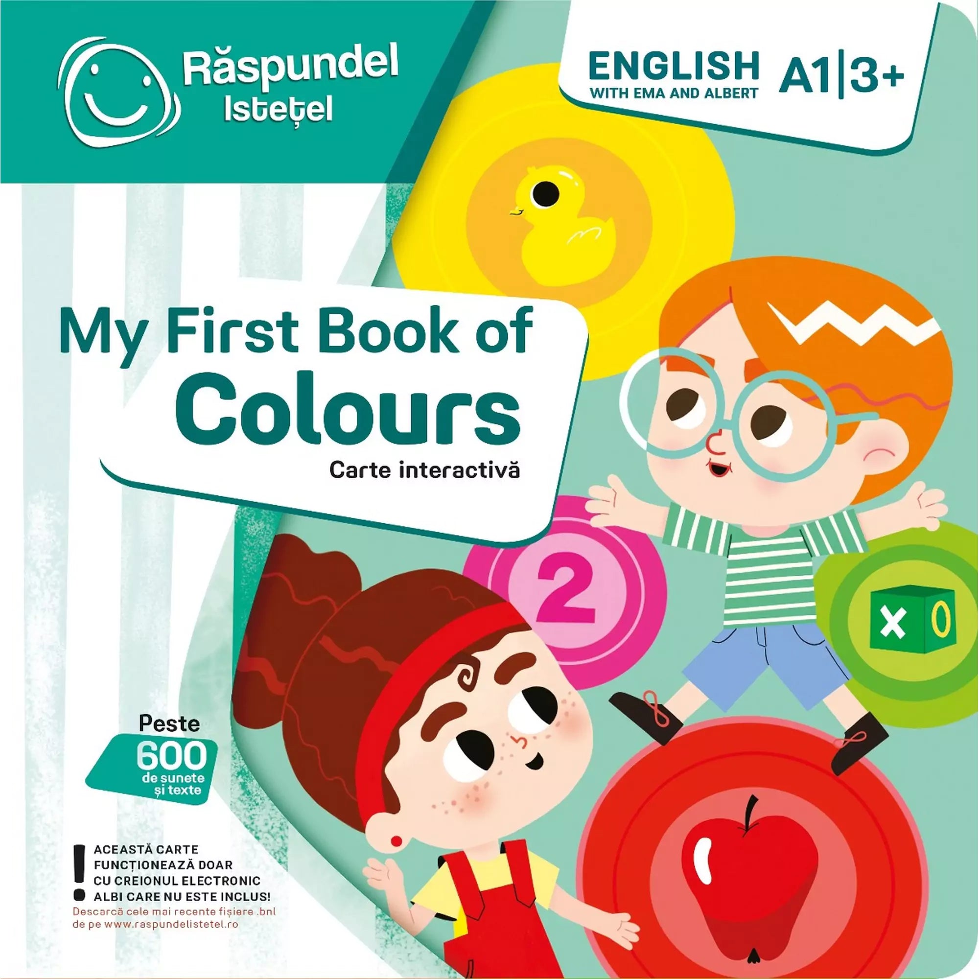 „Răspundel Istețel: My First Book of Colours angol interaktív könyv borítója, színes illusztrációkkal és karakterekkel.”