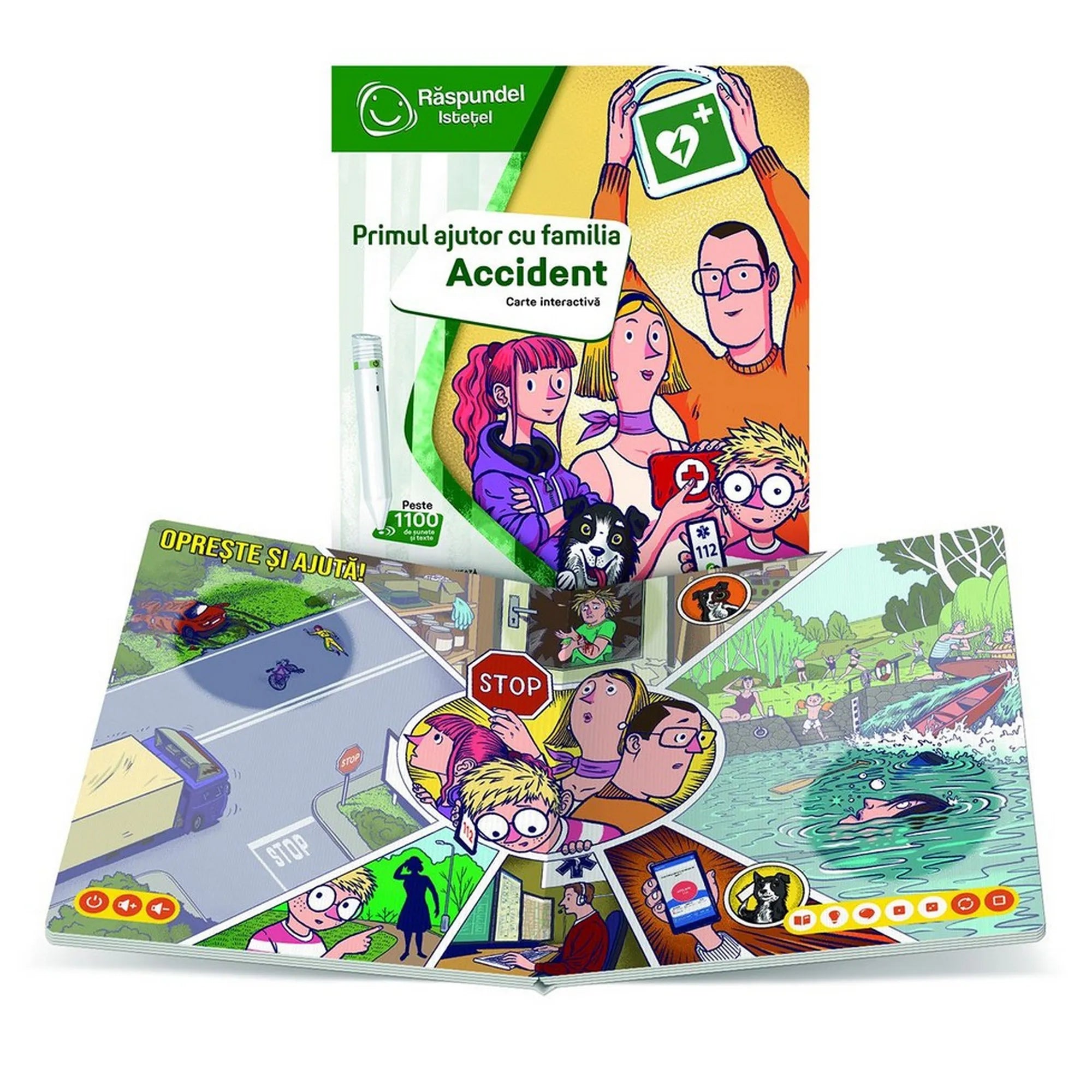 Interaktív Elsősegély a Baleset családdal könyv nyitott oldalpárja, illusztrált baleseti helyzetekkel, segélyhívással és oktató elsősegély-jelenetekkel.