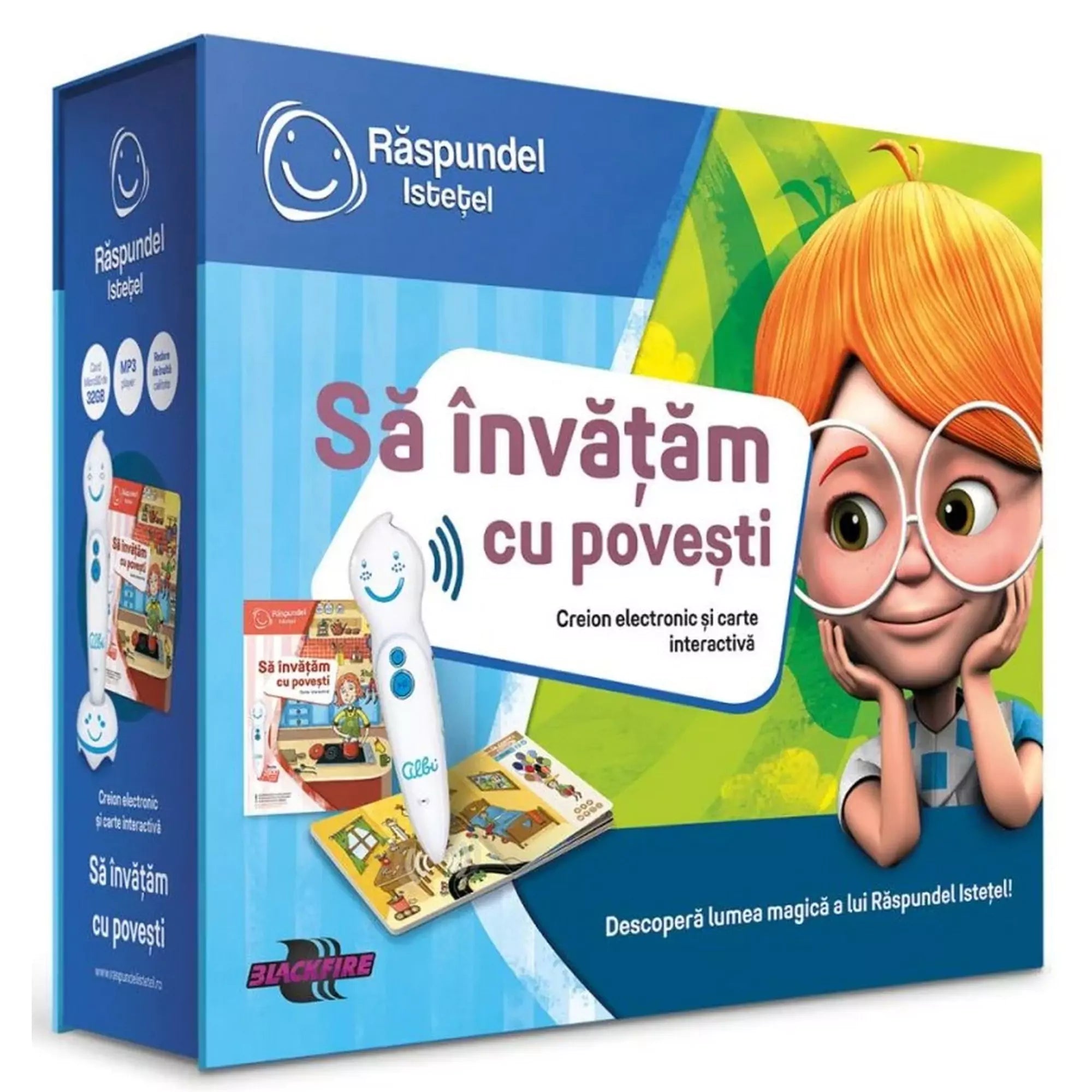 Răspundel Istețel: Să învățăm cu Povești - Interaktív könyv és elektronikus ceruza készlet doboza, színes dizájnnal és tanulást segítő funkciókkal.

