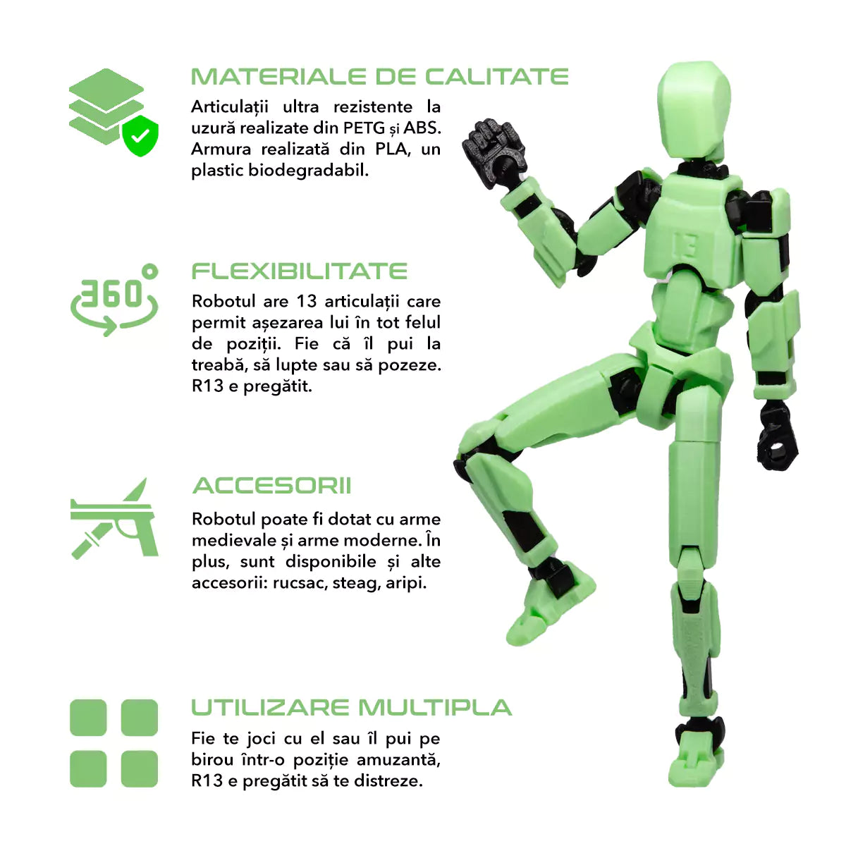 Robot figurina 3D cu articulatii R13 - Verde Fosforescent