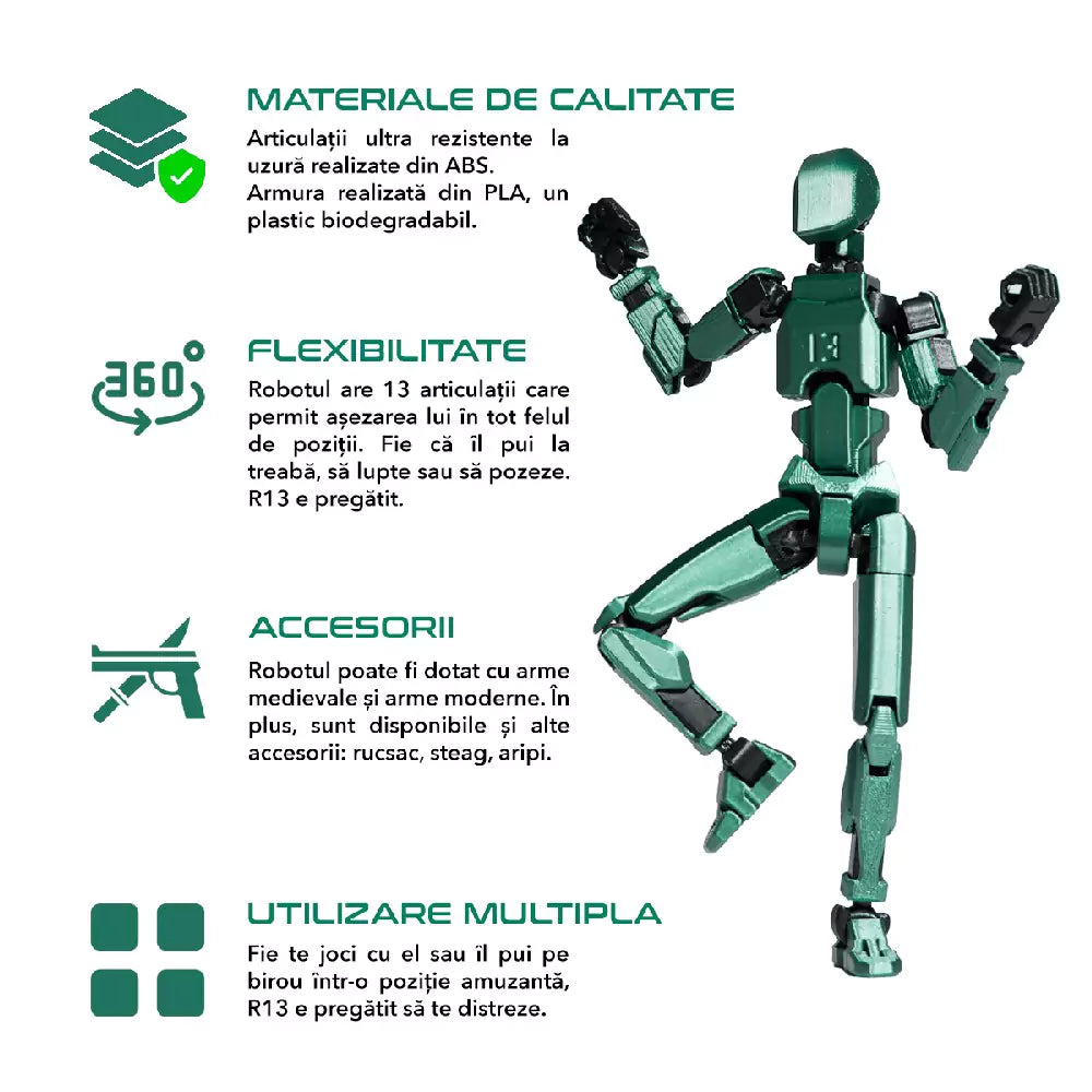 Robot figurina 3D cu articulatii R13 - Onix Verde Metalizat