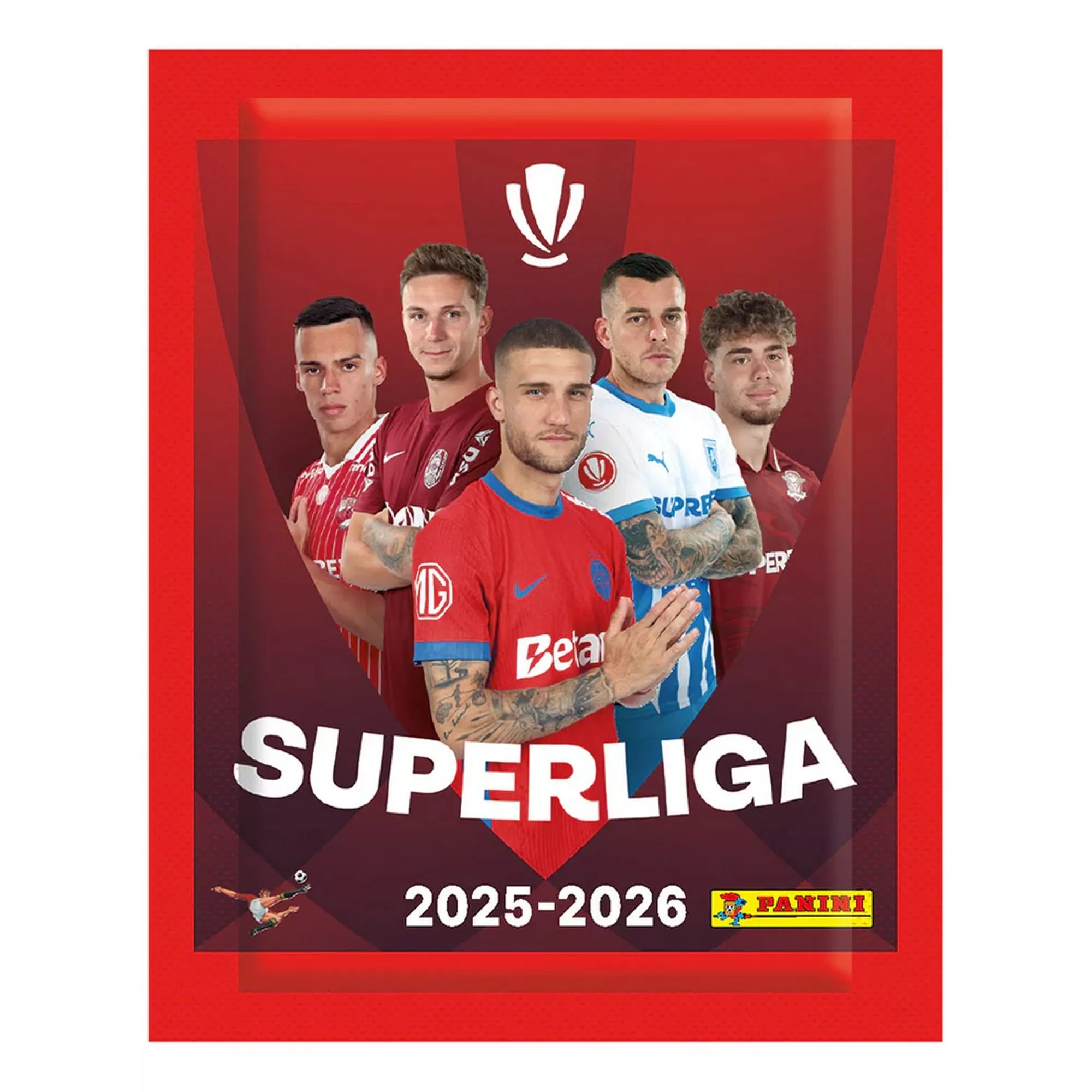 Panini Superliga Románia 2025–2026 matrica csomag előlapja, válogatott játékosokkal és hivatalos logóval.