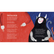 A Sapka, sál! – Téli versek könyv egyik oldala Mikulás piros ruhás alakjával és egy mosolygó krampusszal, illusztrált verssel.